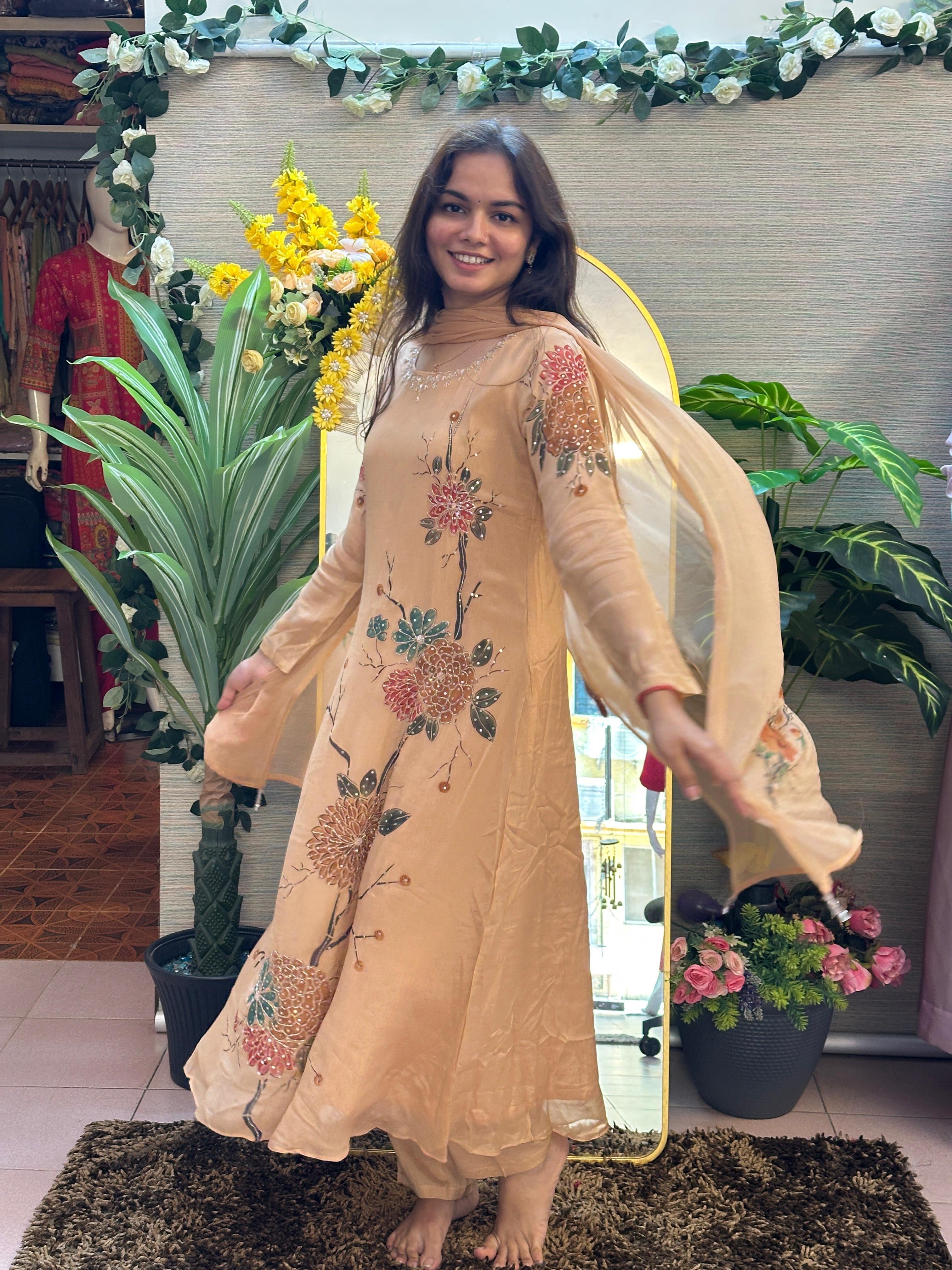 Champagne Gold Floral Embroidered Kurti Set with Dupatta