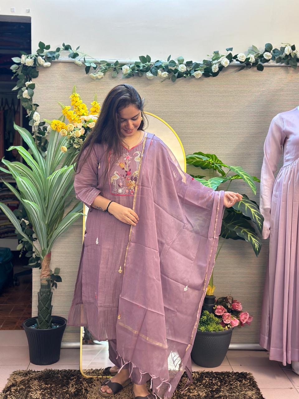 Lavender Grace Embroidered Suit Set with Tissue Dupatta