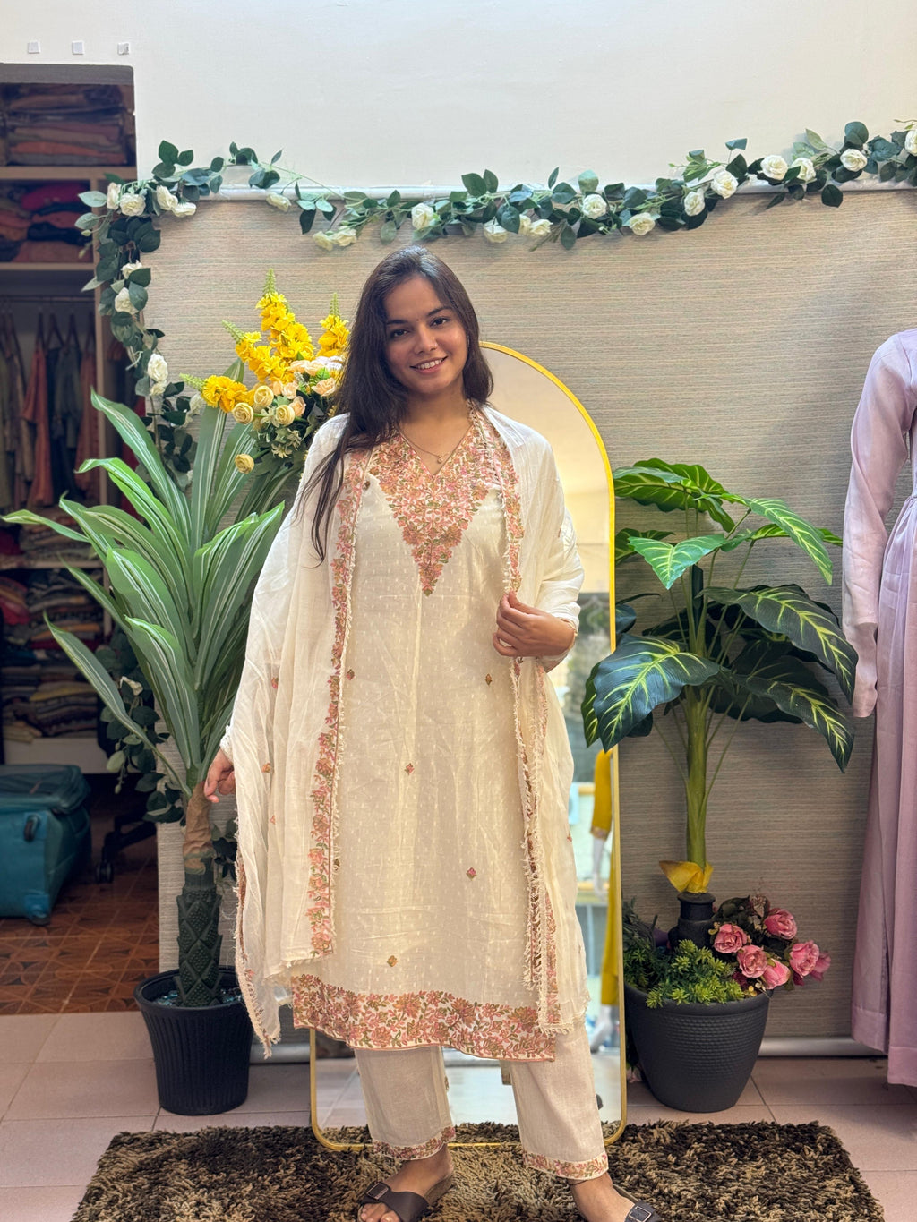 Ivory Blossom Embroidered Suit Set with Organza Dupatta