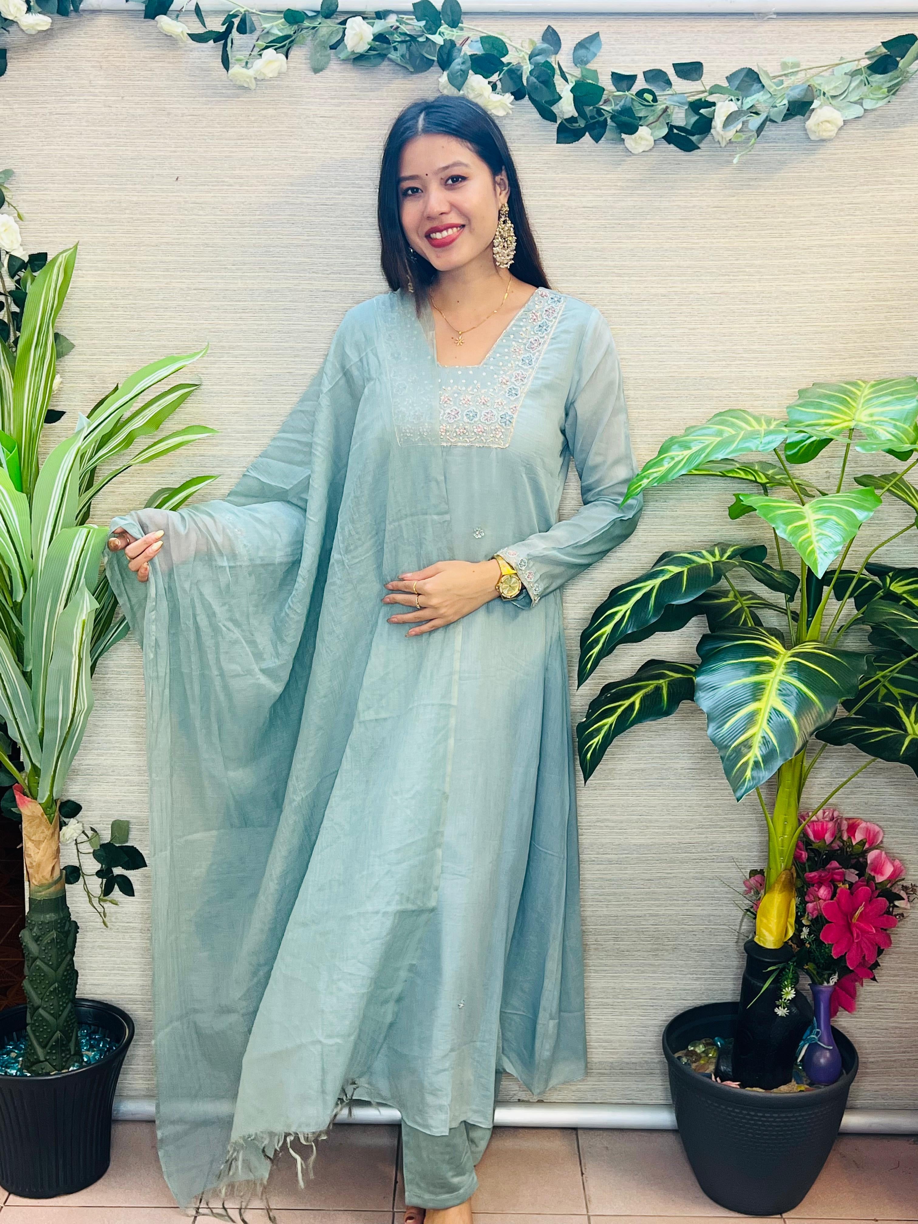 Nila Roja Mul Chanderi Silk Suit Set