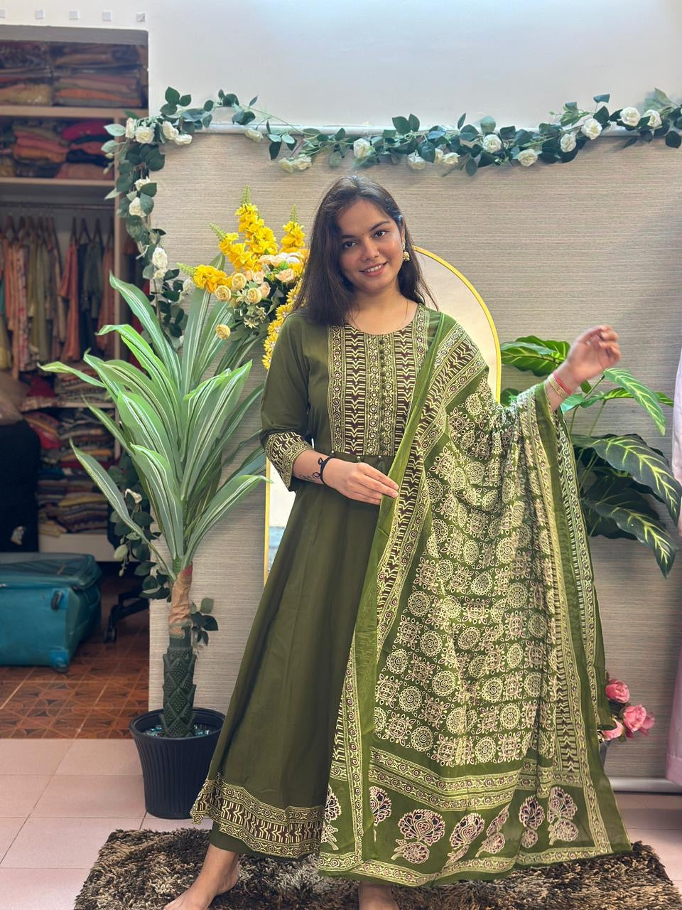 Olive Heritage Printed Anarkali Suit Set with Dupatta