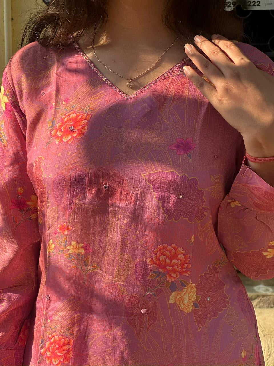 Rose Pink Floral Printed Straight Kurti Set