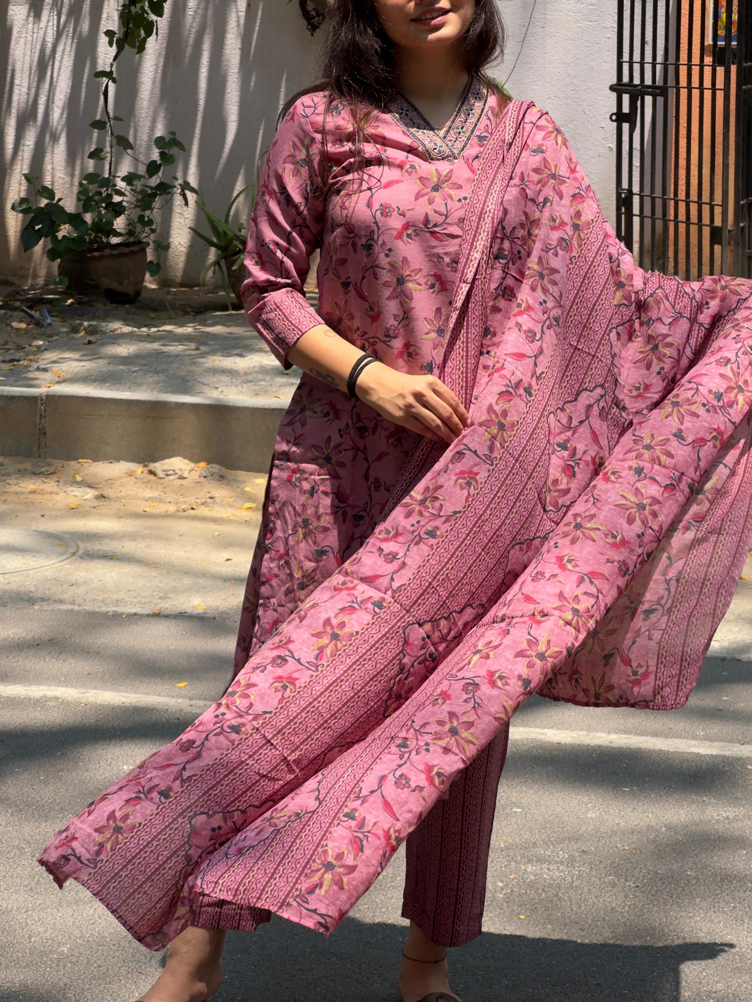 Rose Pink Floral Printed Straight Kurti Set with Dupatta