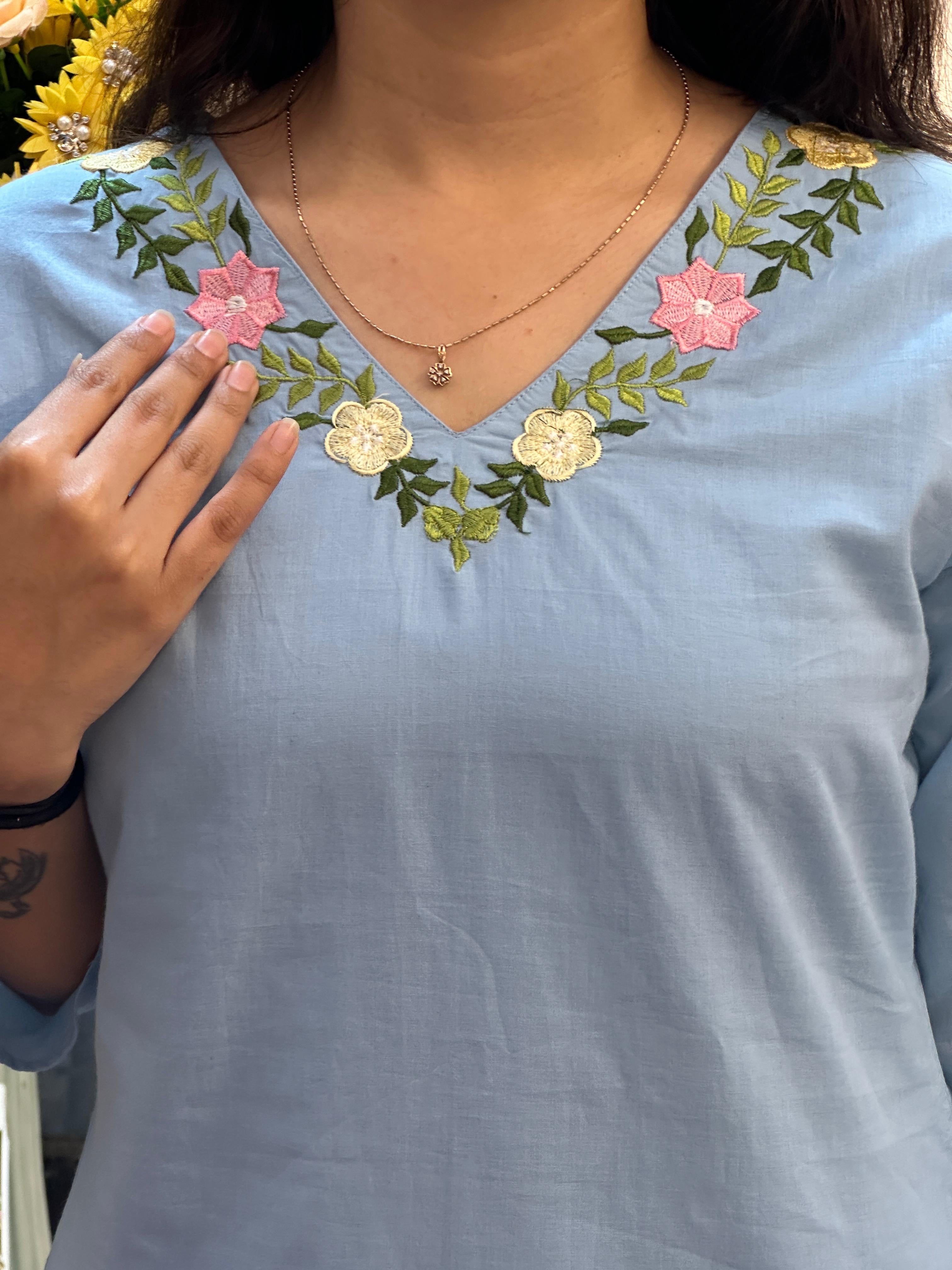 Powder Blue Floral Embroidered Kurti Set