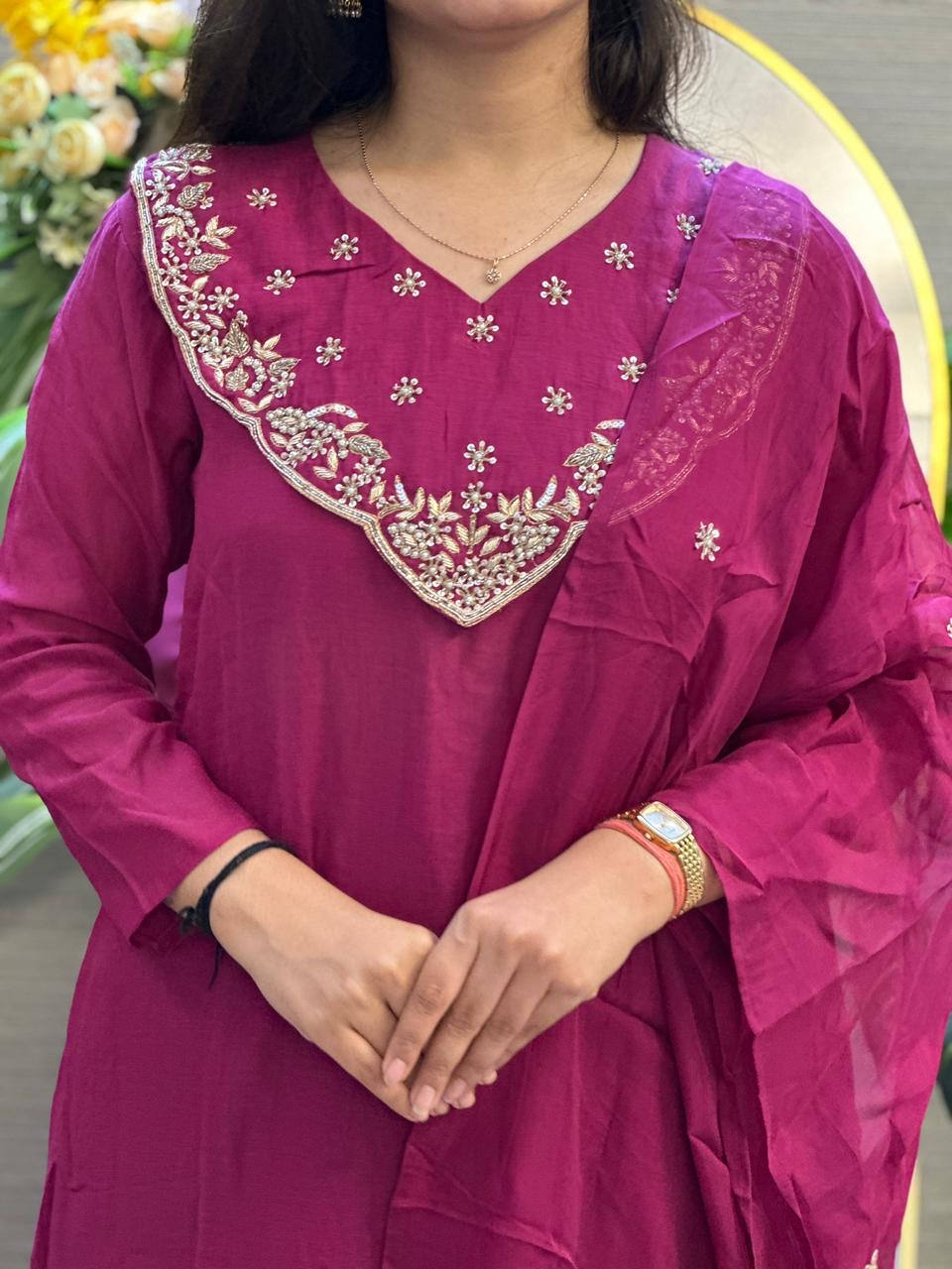 Royal Berry Embroidered Suit Set with Dupatta