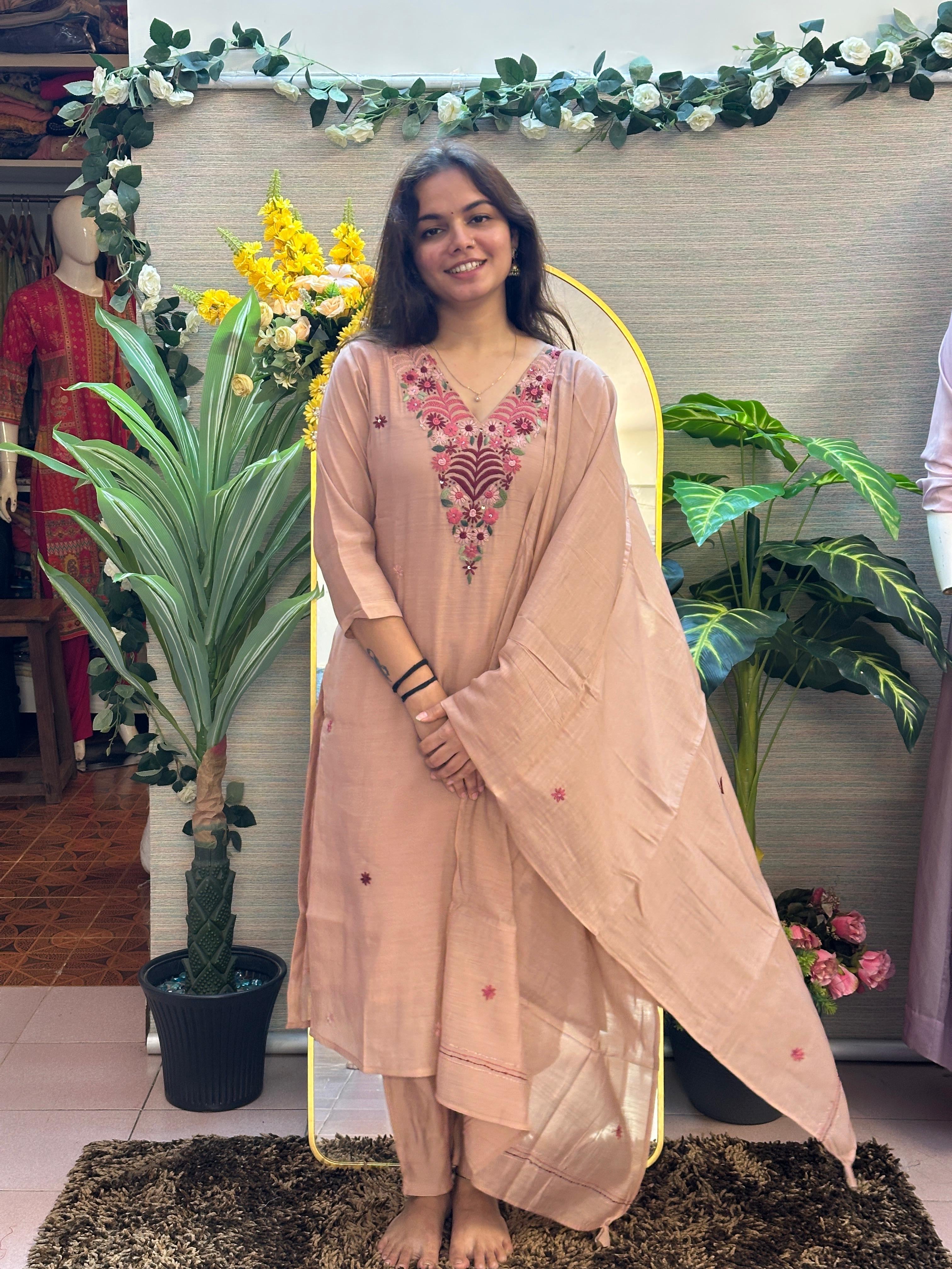 Blush Beige Embroidered Kurti Set with Dupatta