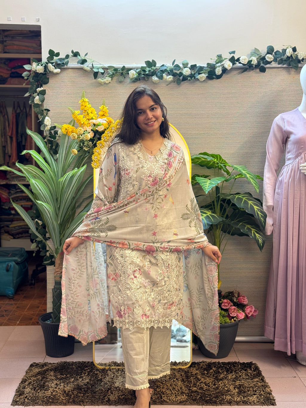 Ivory Bloom Floral Printed Suit Set with Dupatta