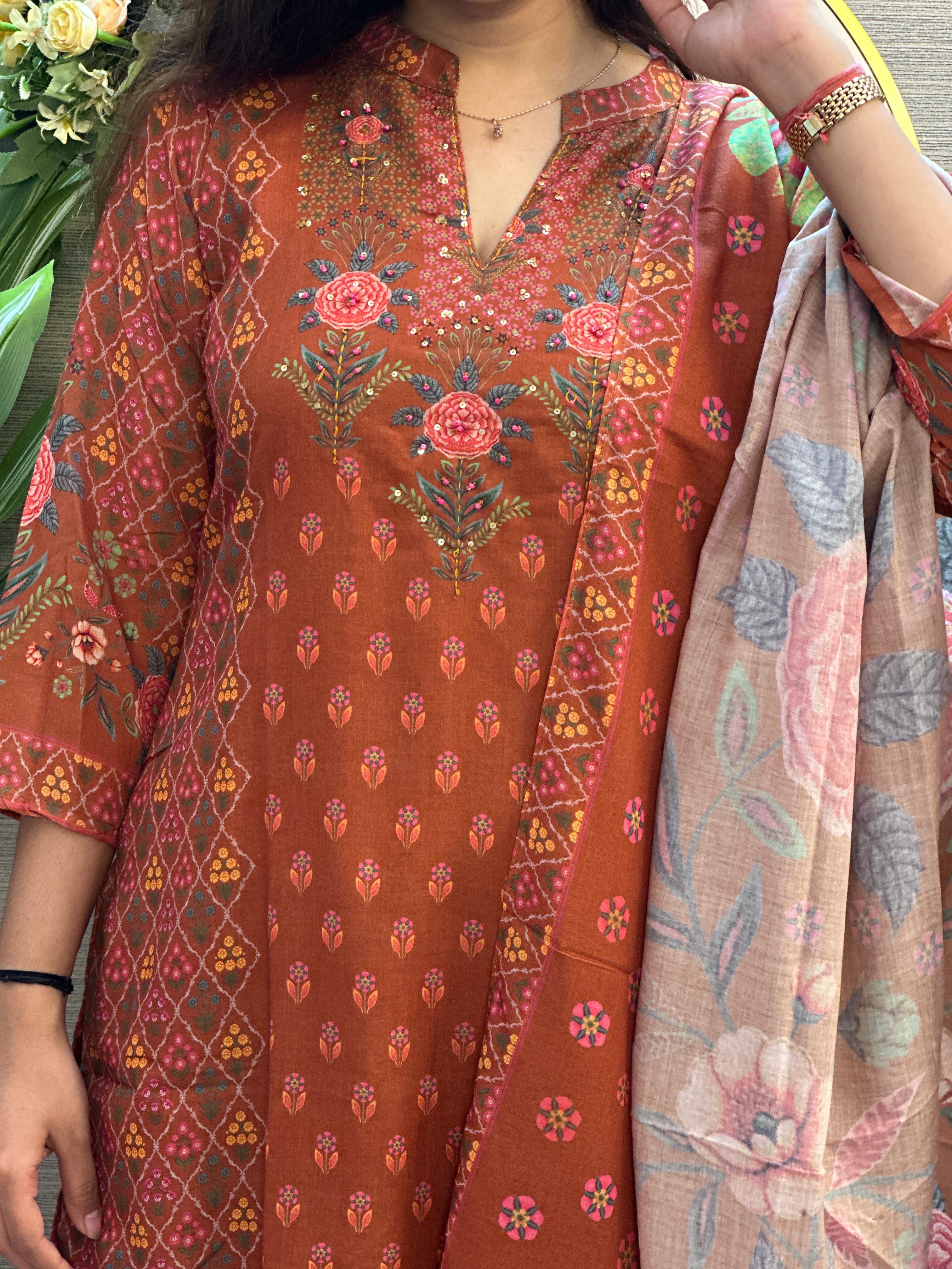 Rust Garden Printed Co-ord Suit Set with Dupatta