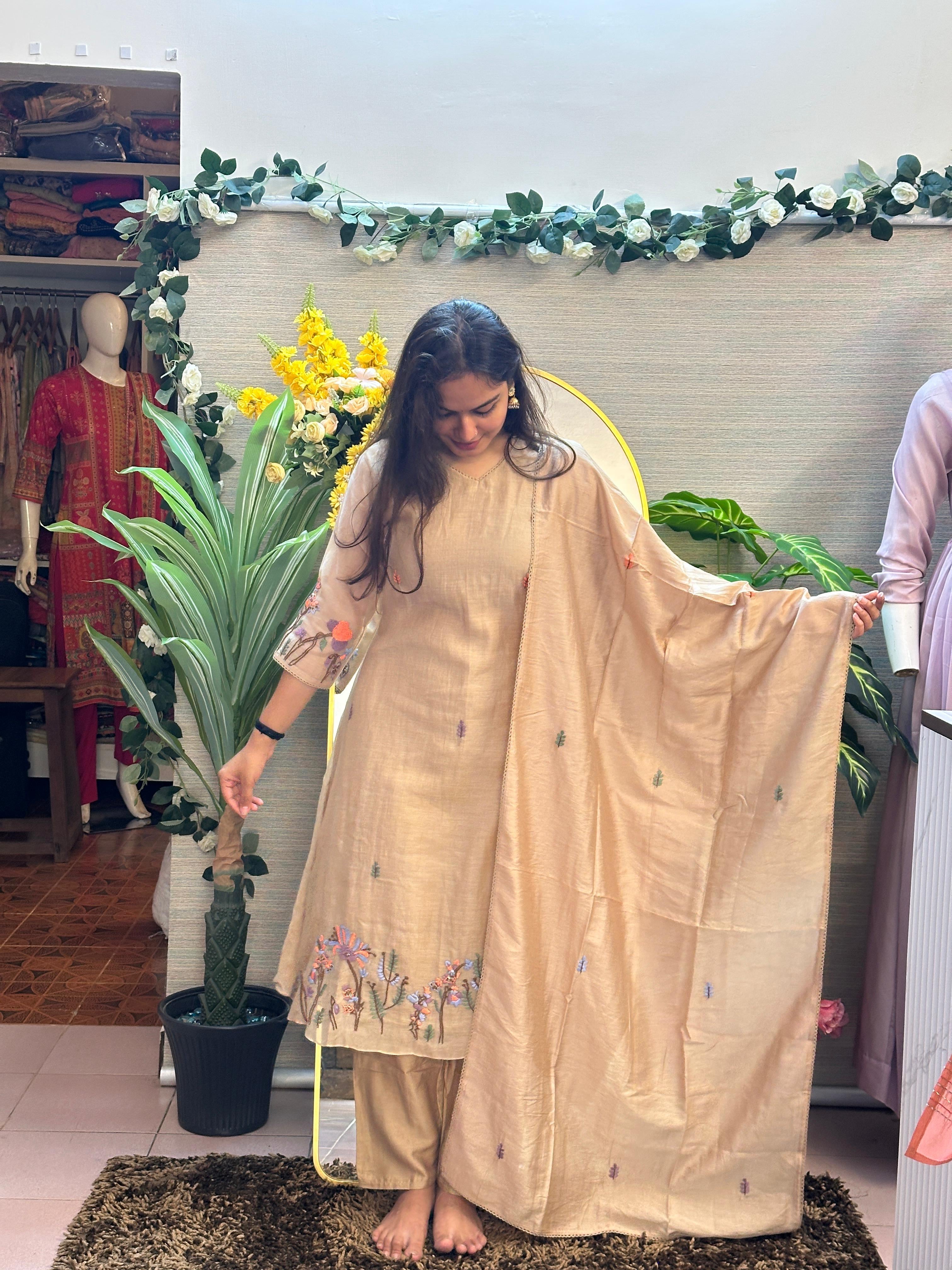 Warm Beige Embroidered Straight Kurti Set with Dupatta