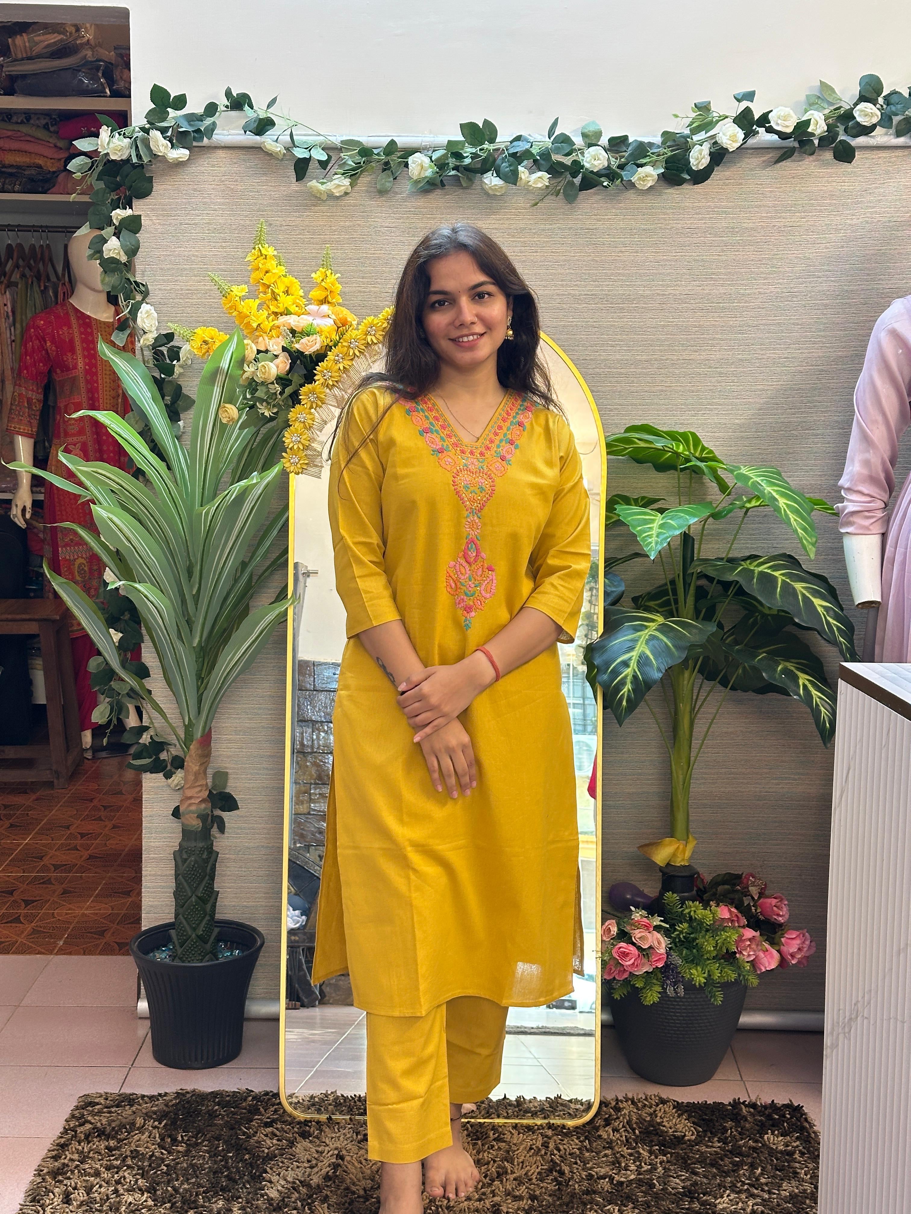 Mustard Yellow Embroidered Straight Kurti Set