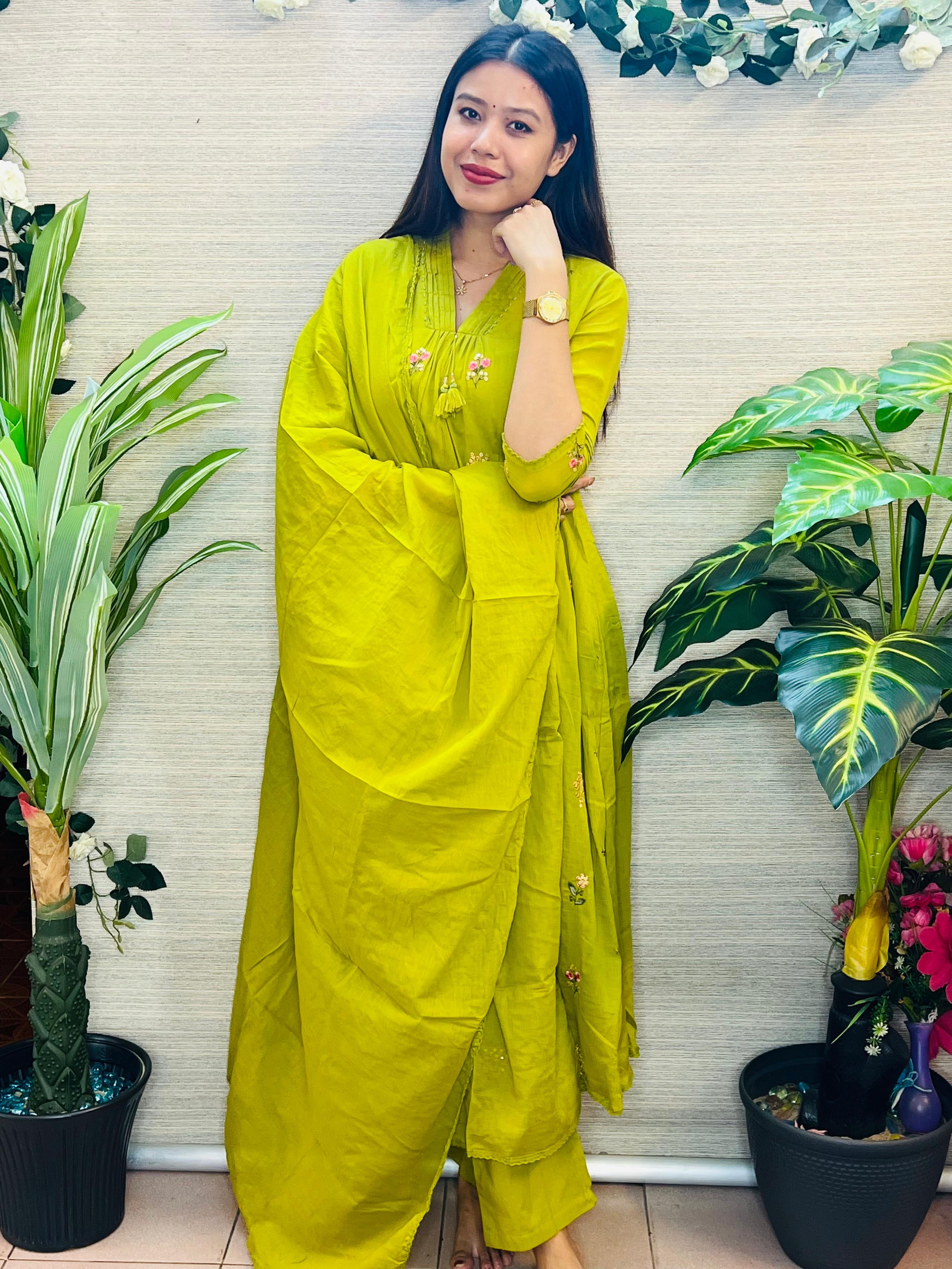 Malar Olivu Mul Chanderi Silk Suit Set