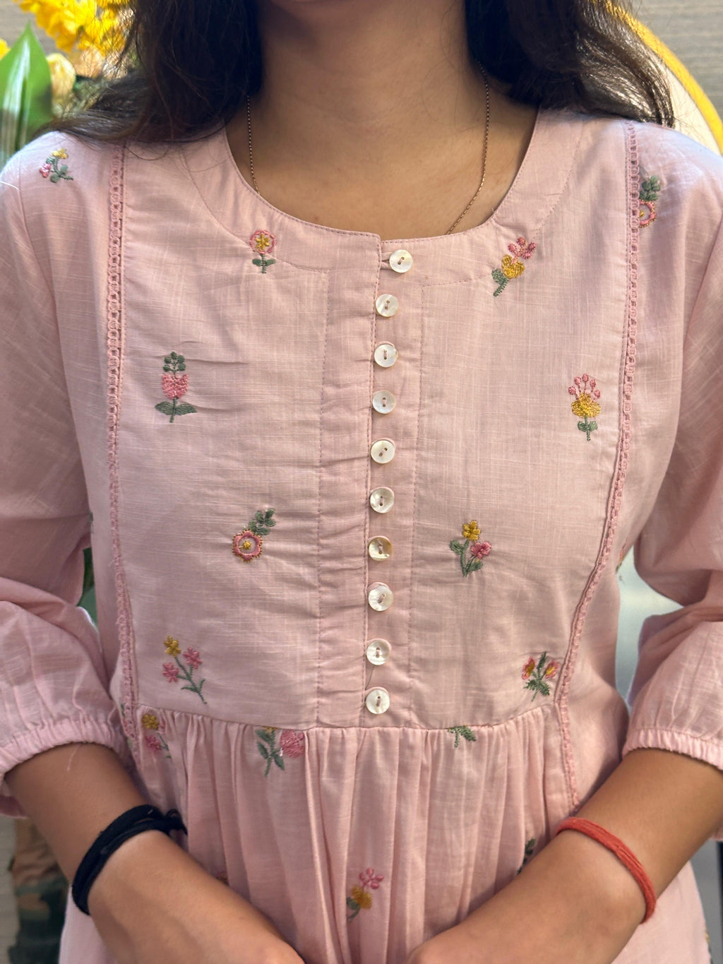Blush Pink Floral Embroidered A-Line Kurti Set