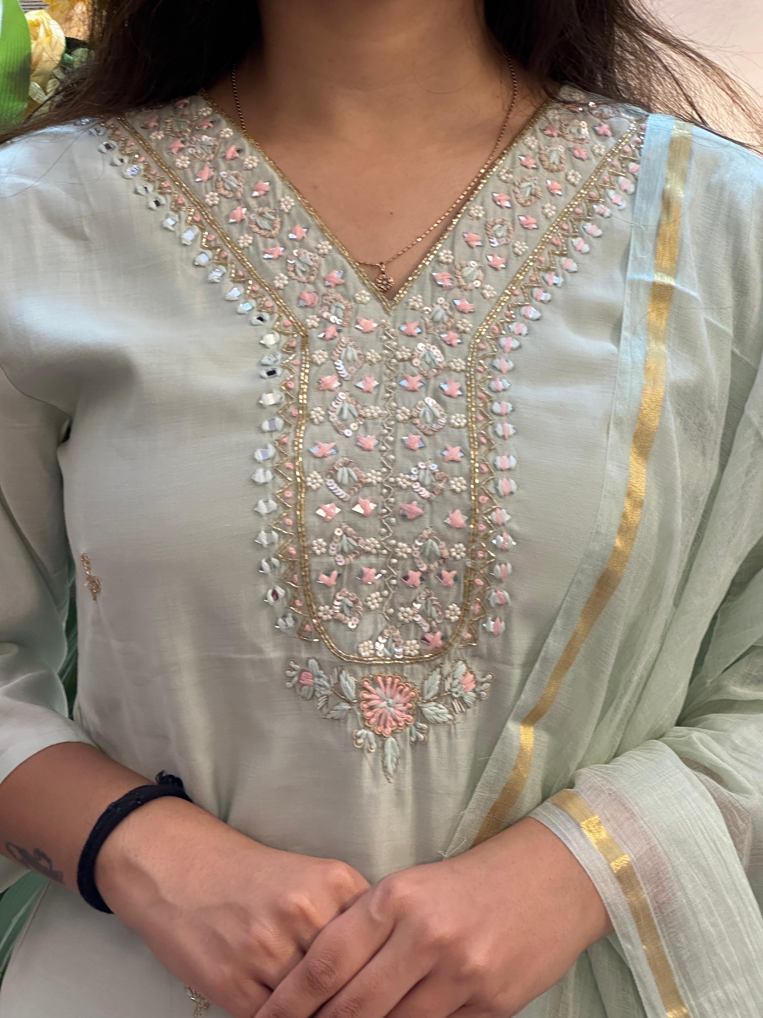 Mint Green Embroidered Straight Kurti Set with Dupatta