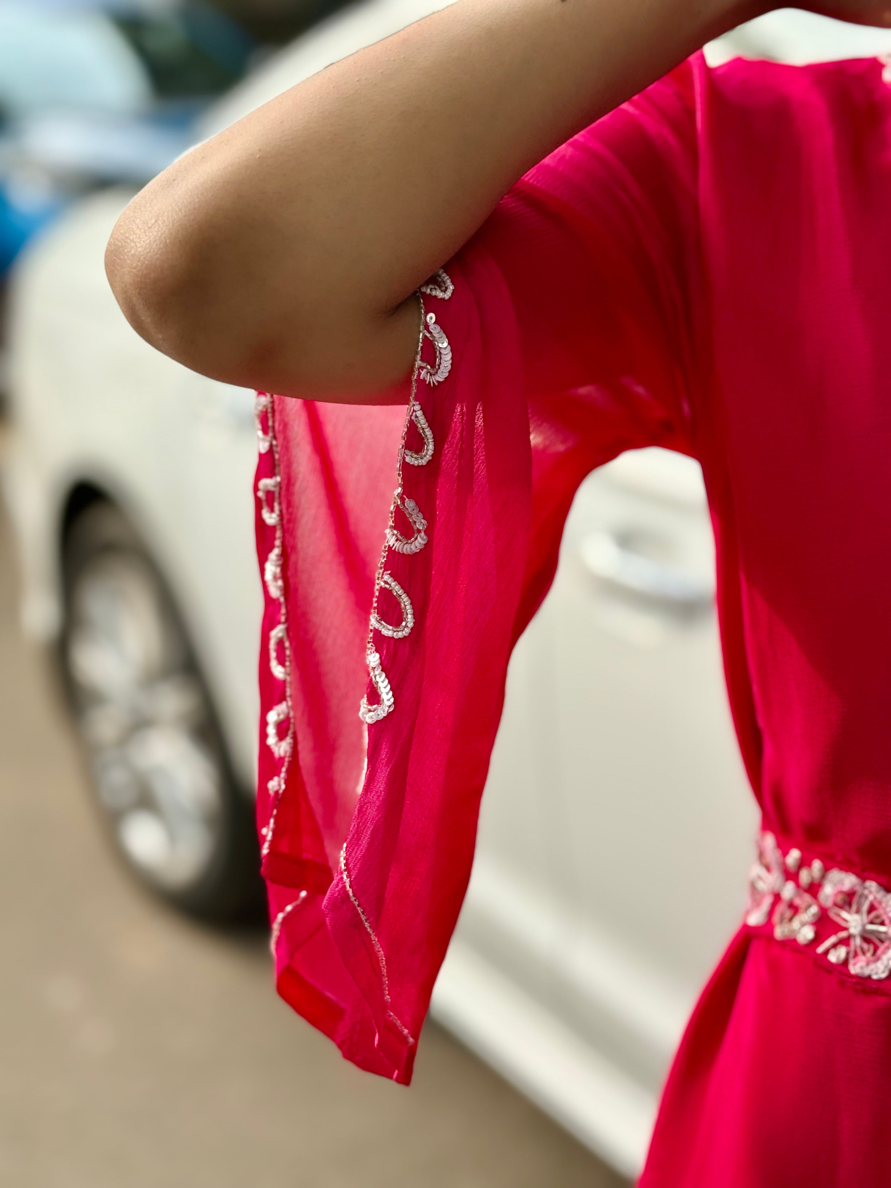 Dark Pink Handcrafted Belted Silk Ensemble