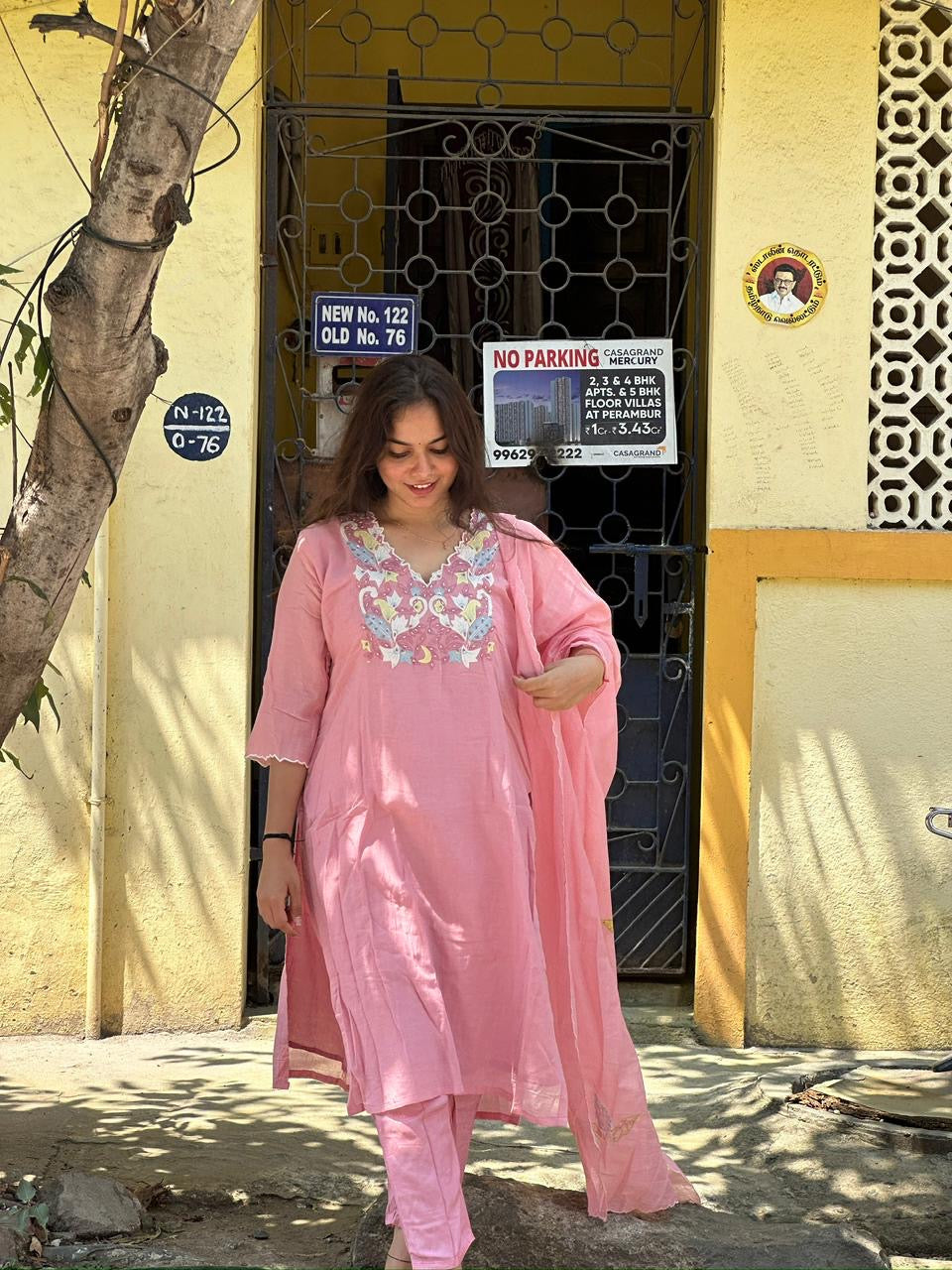 Rose Pink Embroidered Kurti Set with Dupatta