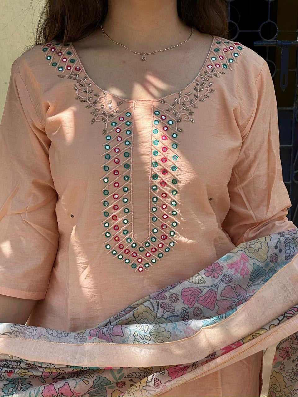 Blush Peach Embellished Kurti Set with Printed Dupatta