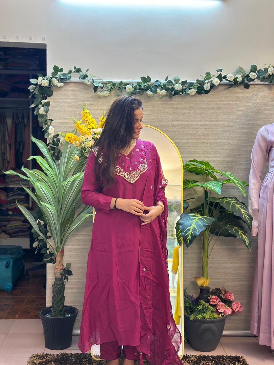 Royal Berry Embroidered Suit Set with Dupatta