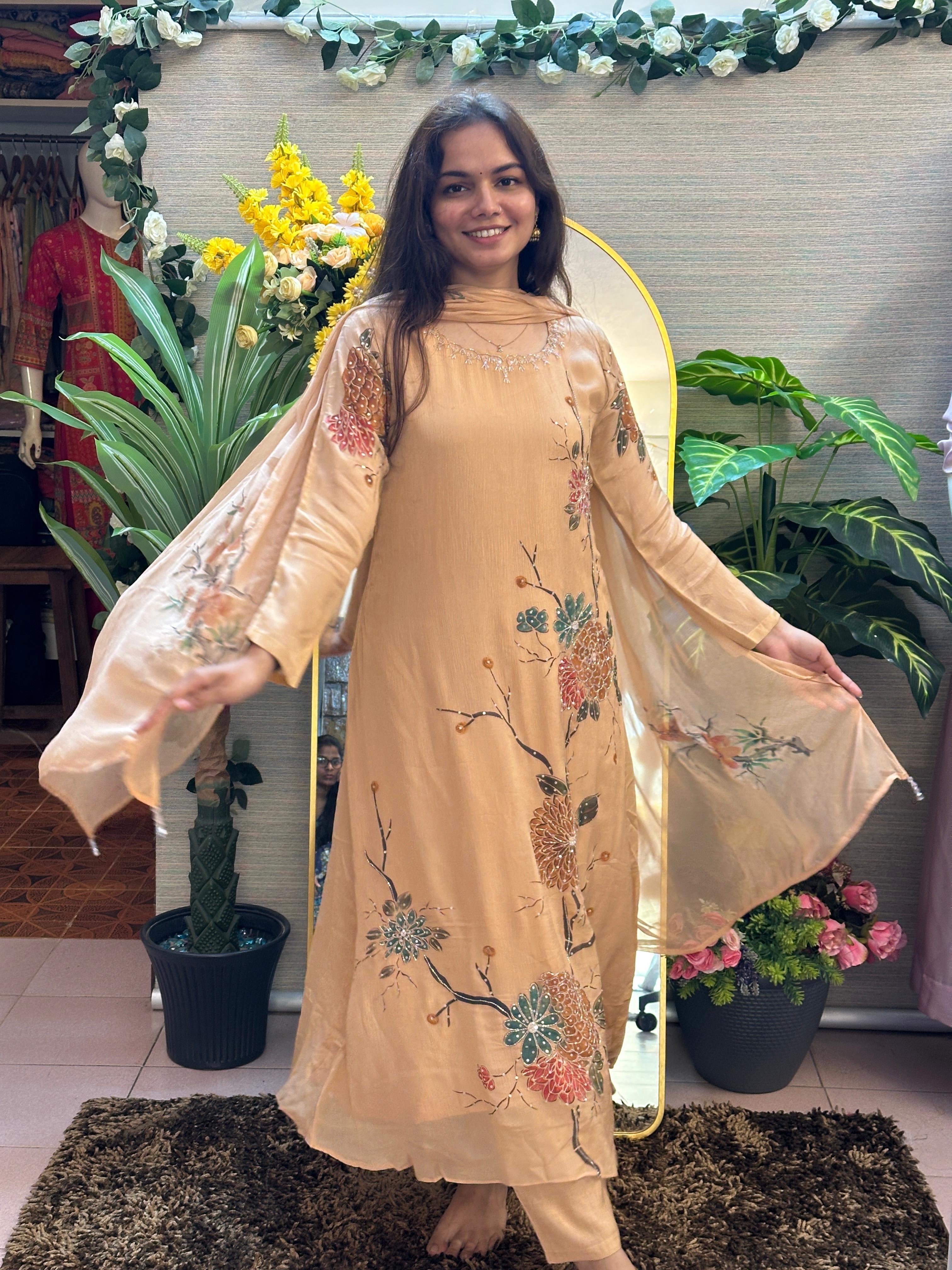 Champagne Gold Floral Embroidered Kurti Set with Dupatta