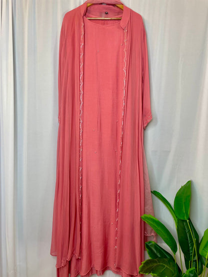 Indo western gown with bead work coat and organza dupatta