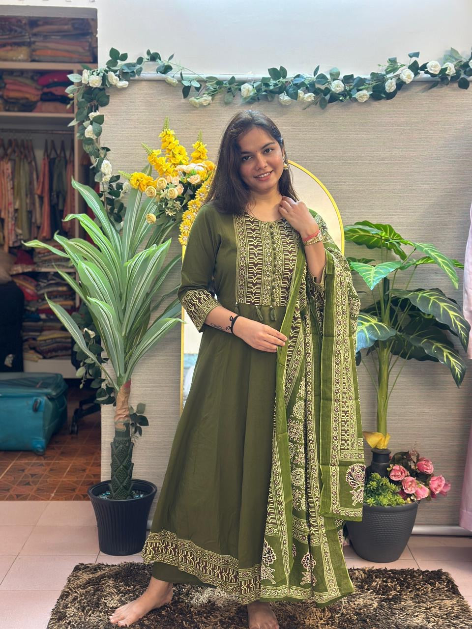 Olive Heritage Printed Anarkali Suit Set with Dupatta