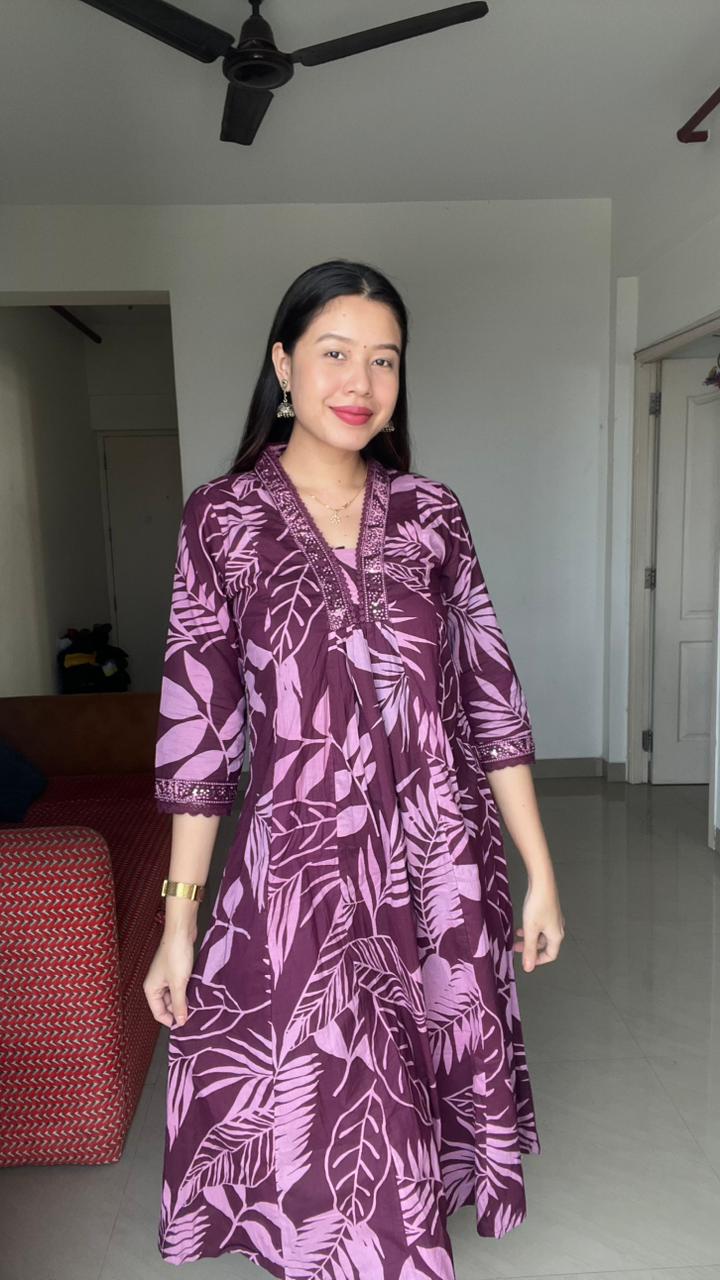 Elegant leaf print A-line Kurti