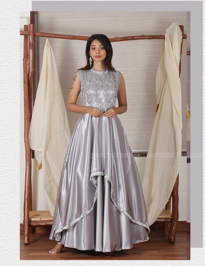 Silver Grey Designer Layered Gown