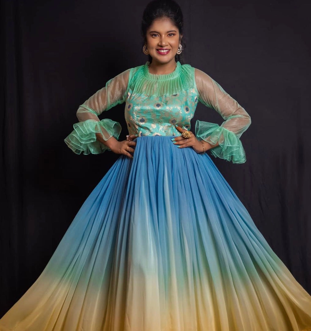 Ombre Designer Gown with Ruffle Sleeves