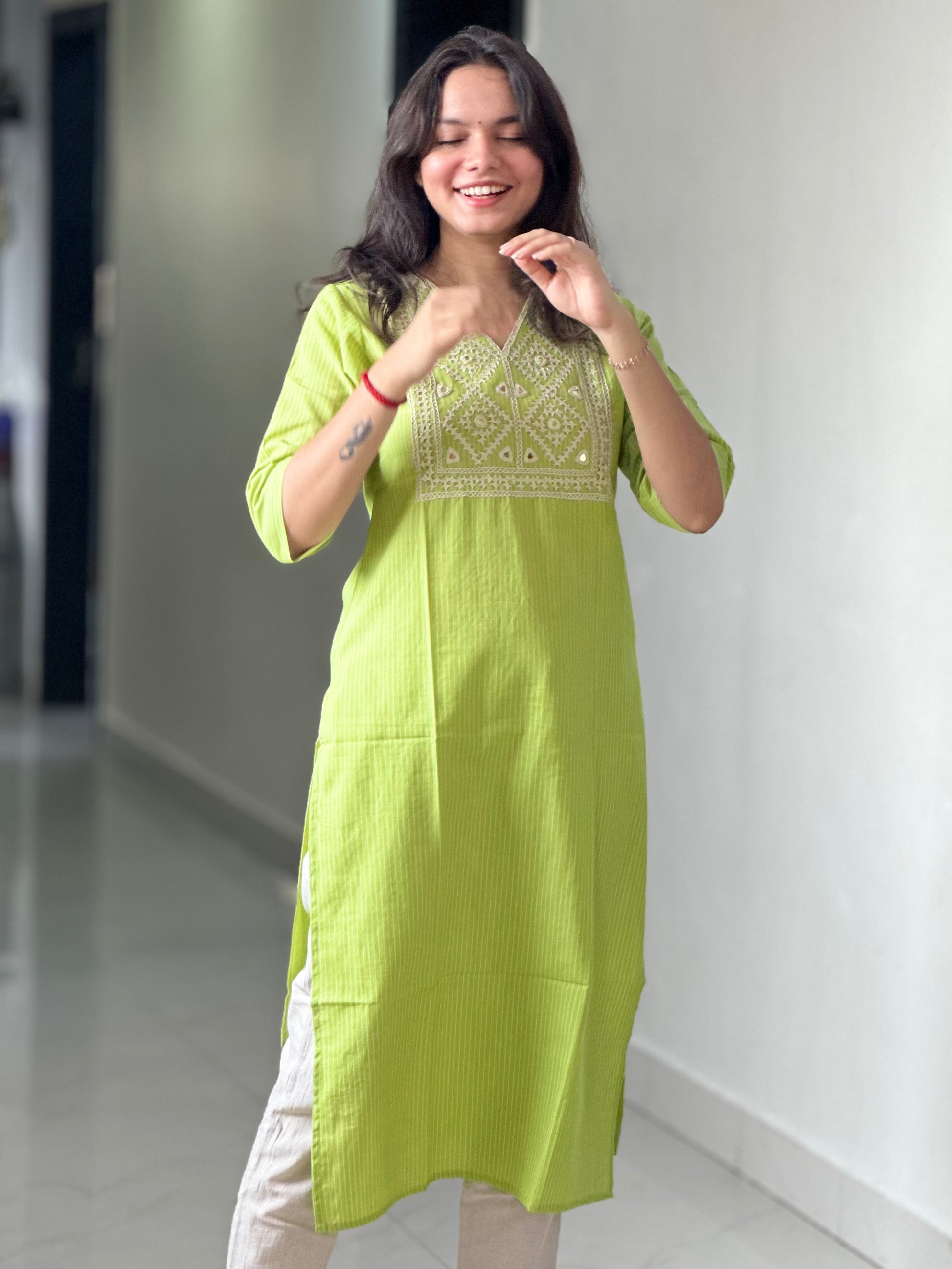 PARROT GREEN MIRROR WORK  | DESIGNER KURTI