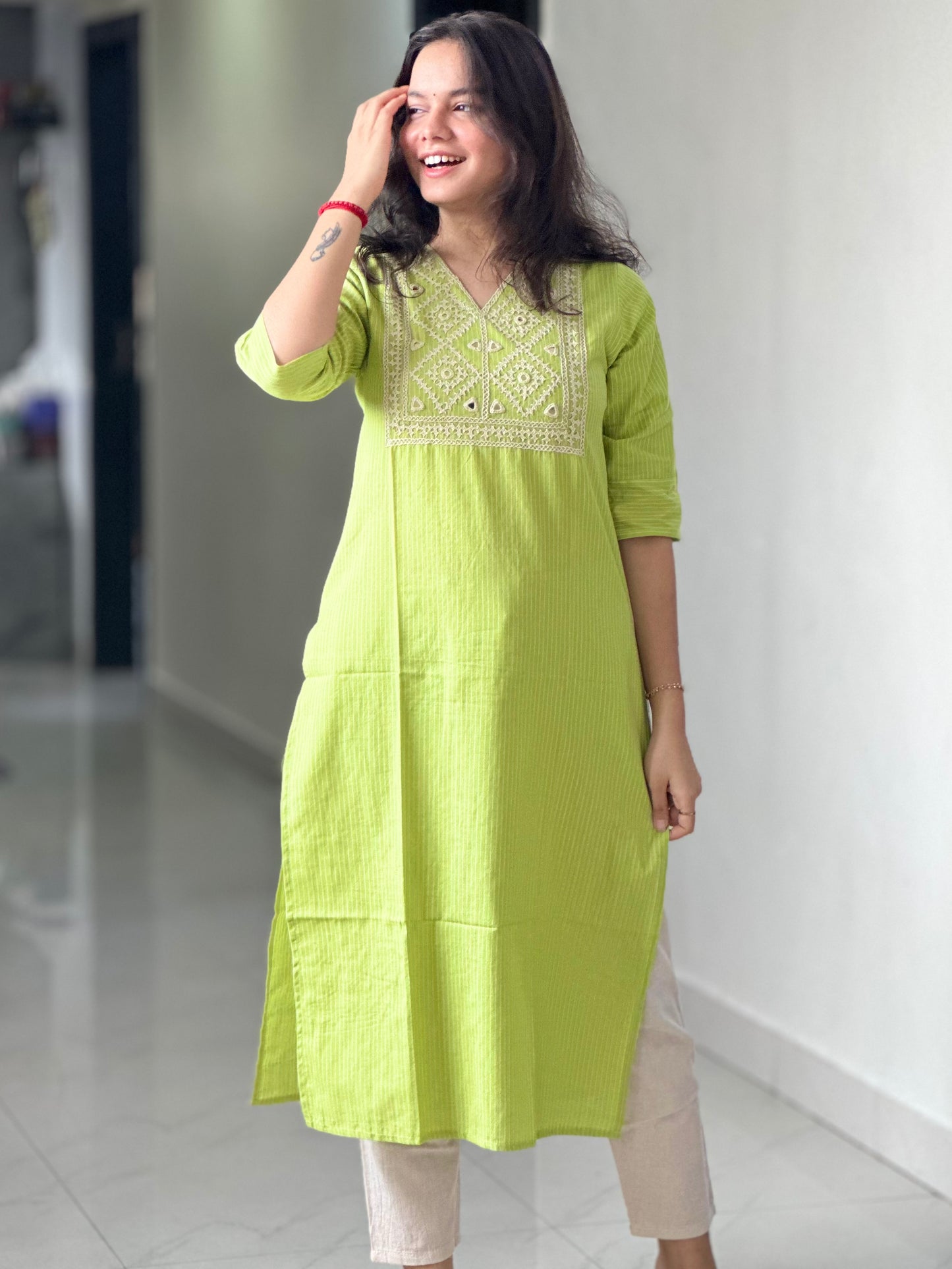 PARROT GREEN MIRROR WORK  | DESIGNER KURTI