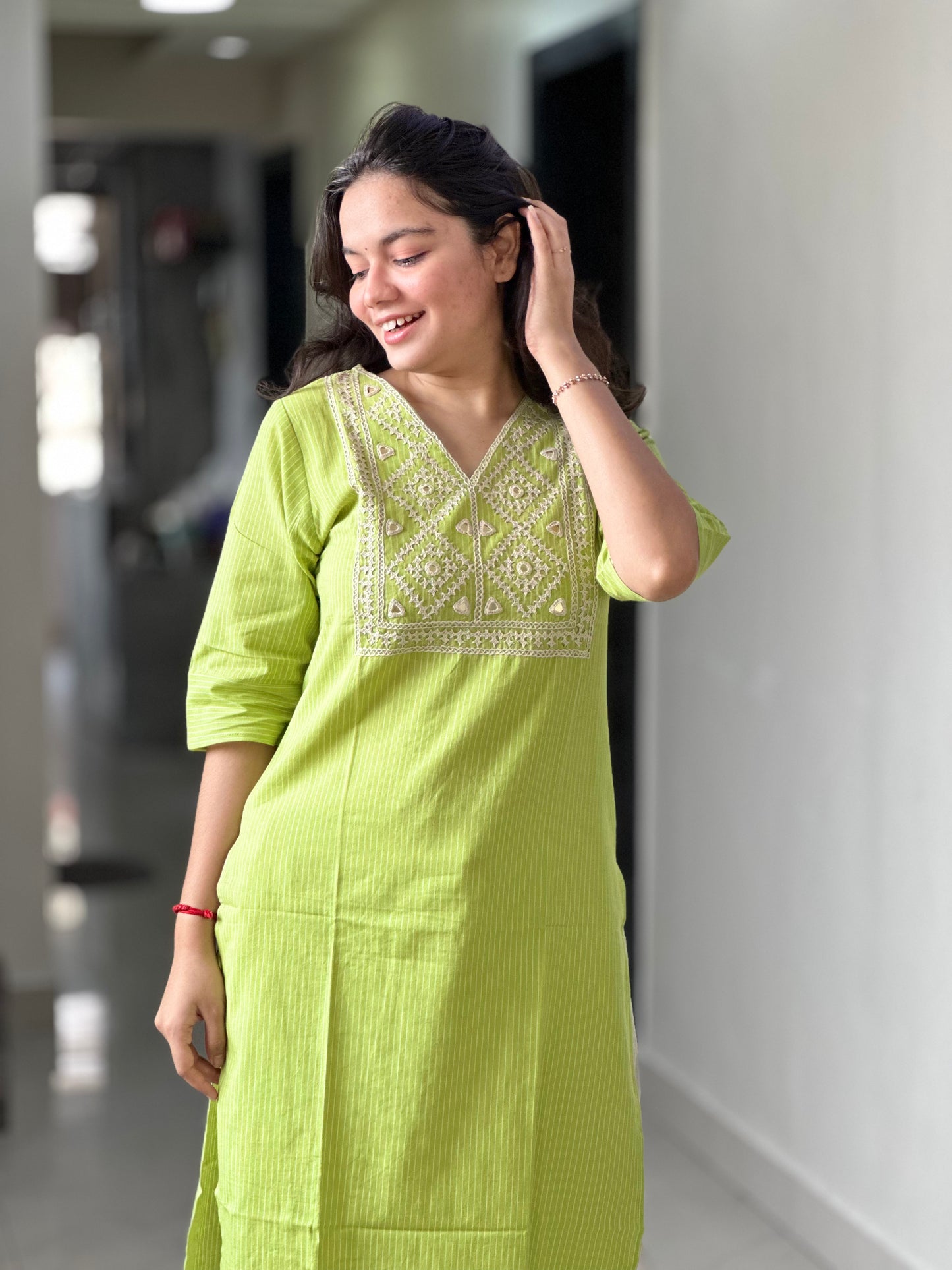 PARROT GREEN MIRROR WORK  | DESIGNER KURTI