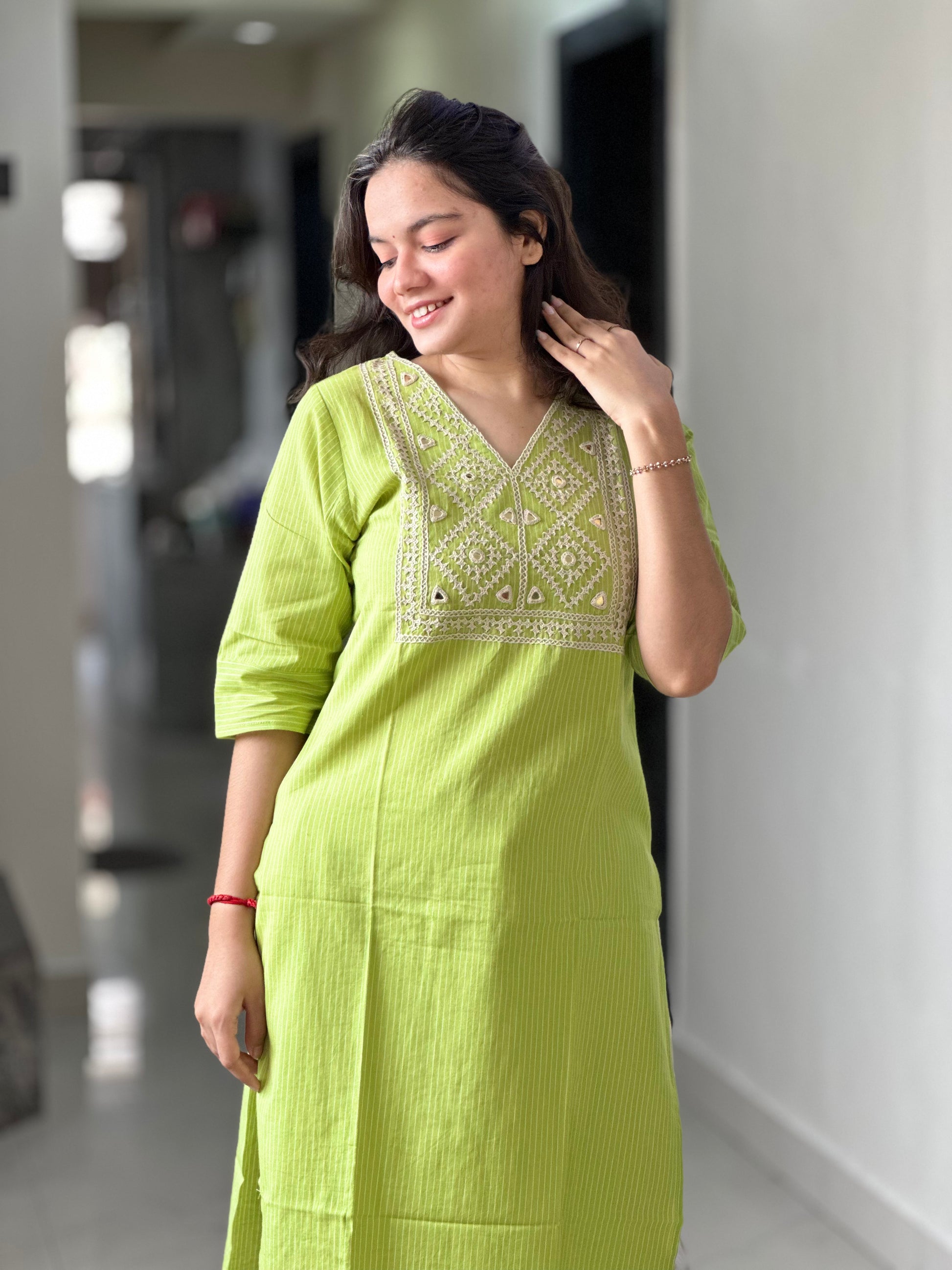 PARROT GREEN MIRROR WORK  | DESIGNER KURTI