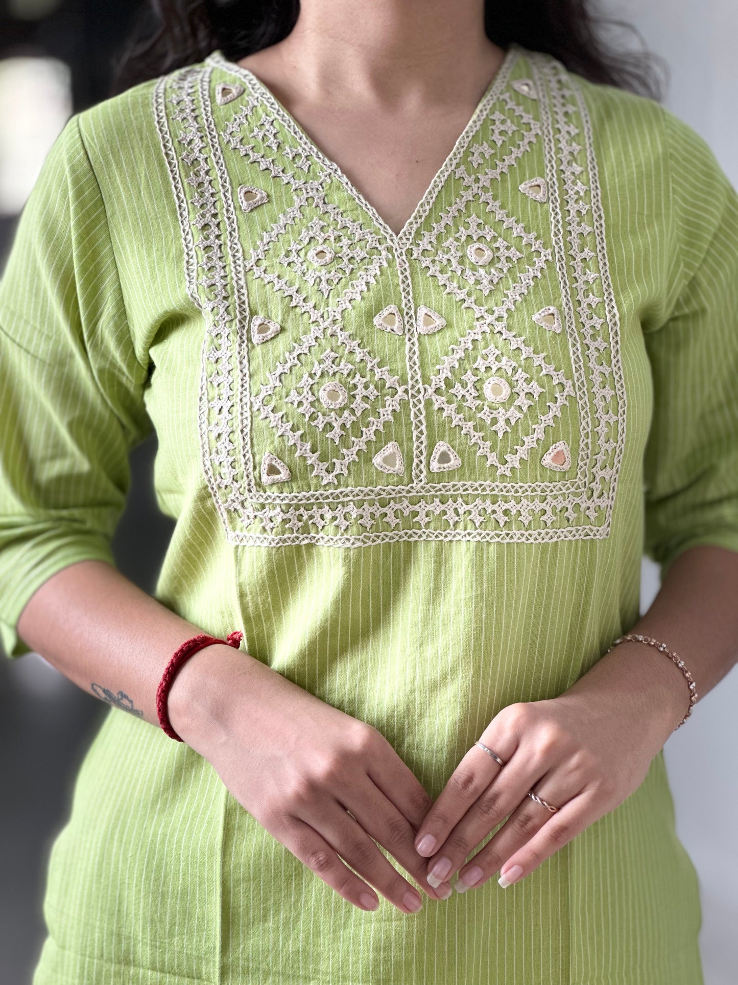 PARROT GREEN MIRROR WORK  | DESIGNER KURTI