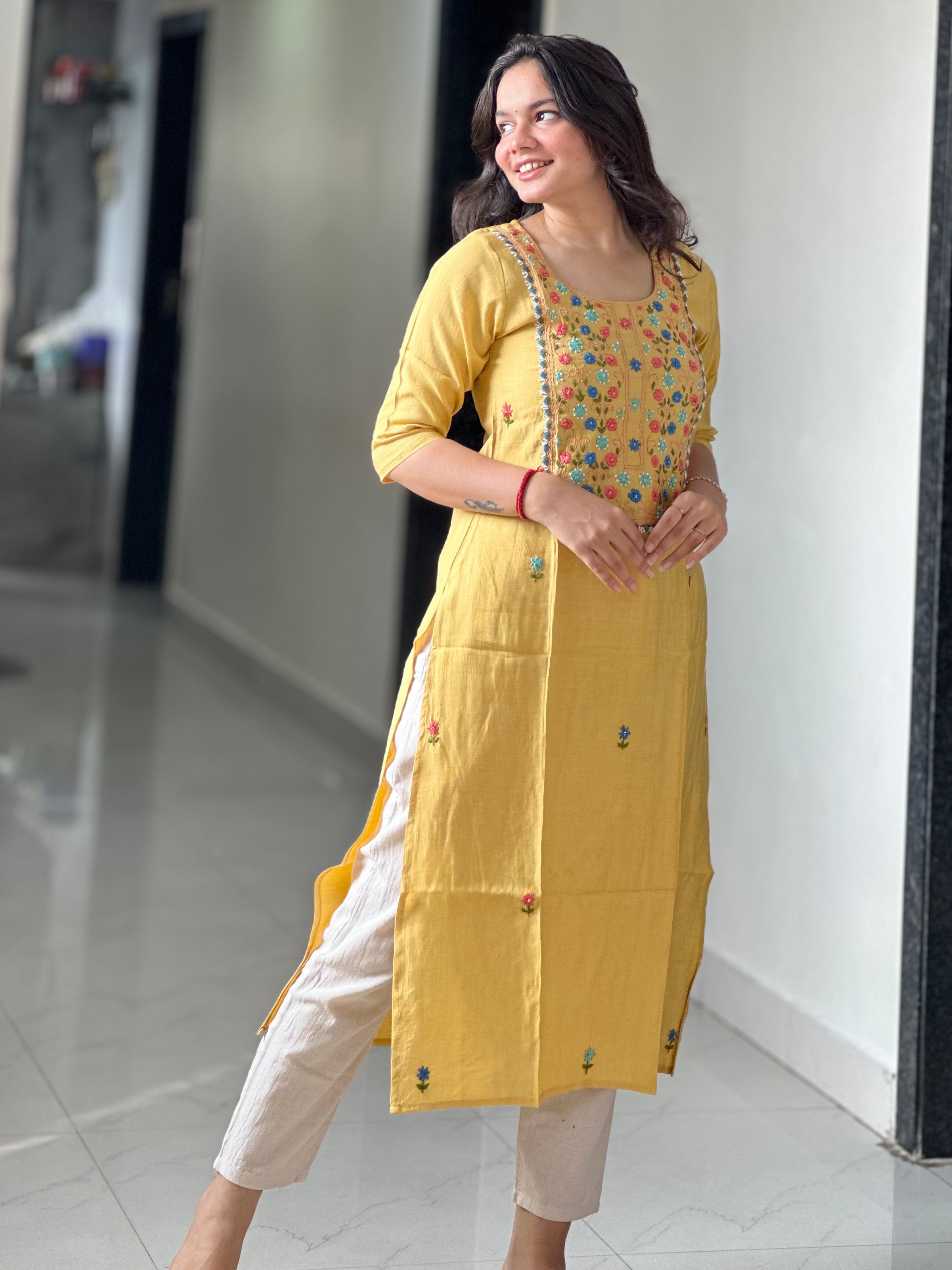 YELLOW HANDWORK KURTI | OFFUCE WEAR
