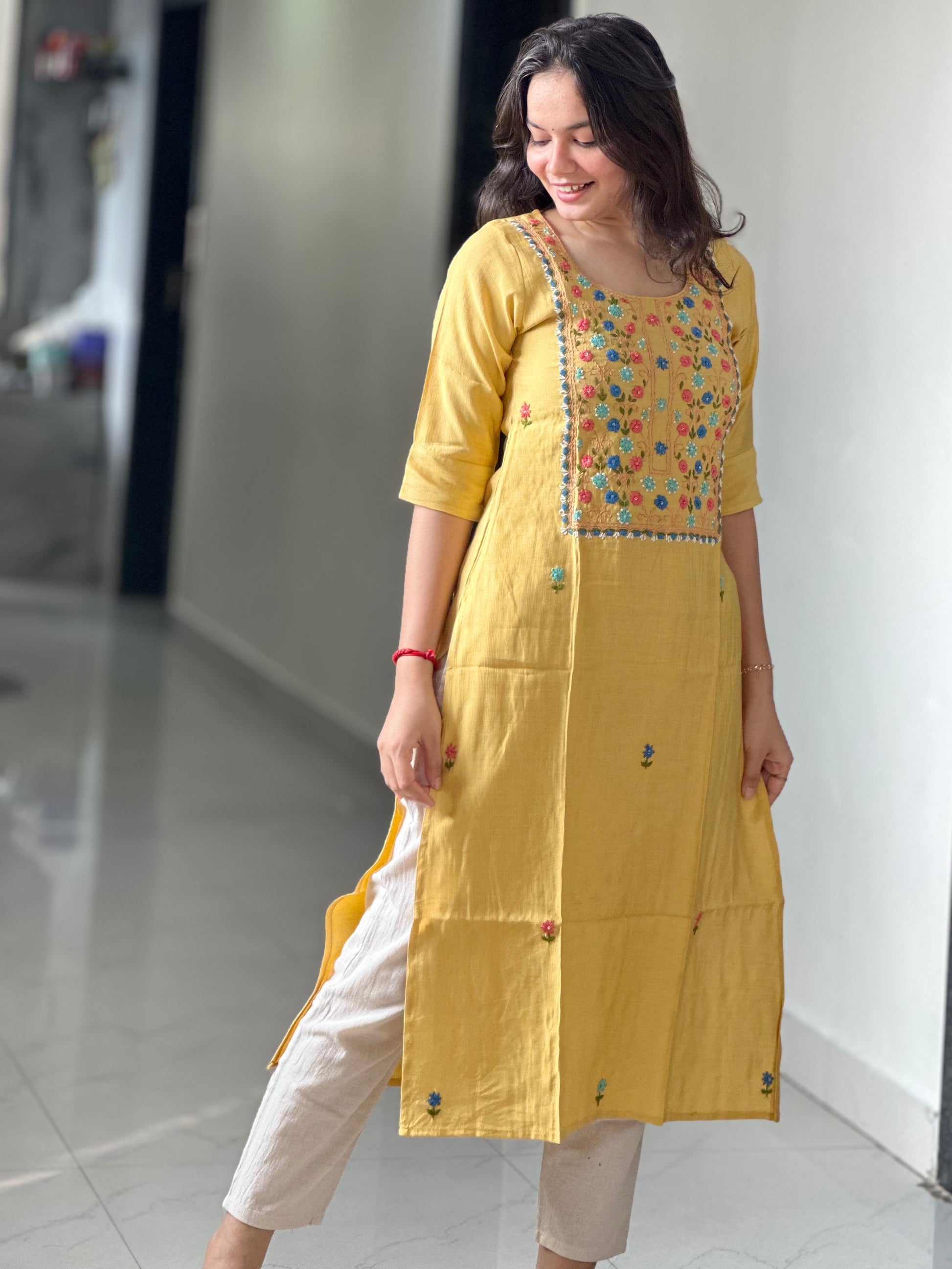 YELLOW HANDWORK KURTI | OFFUCE WEAR