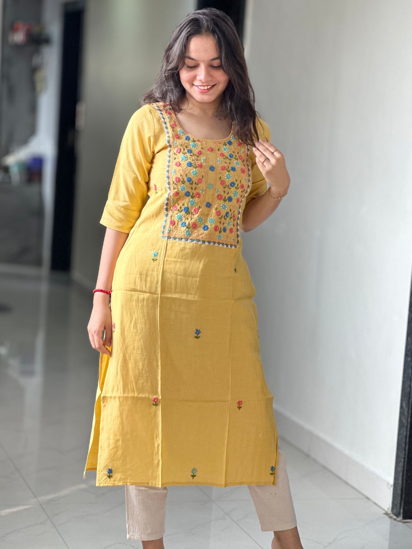 YELLOW HANDWORK KURTI | OFFUCE WEAR