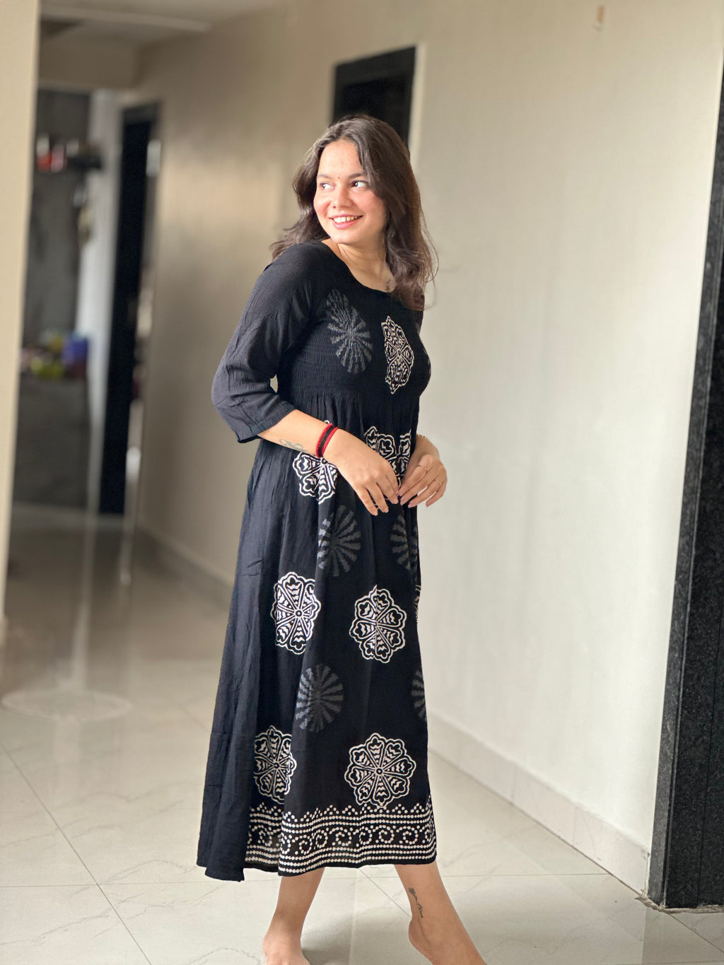 BLACK PRINTED SMOCK DRESS | OFFICE WEAR