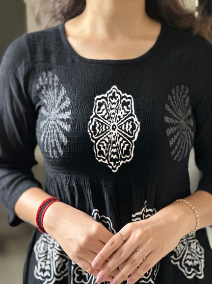 BLACK PRINTED SMOCK DRESS | OFFICE WEAR