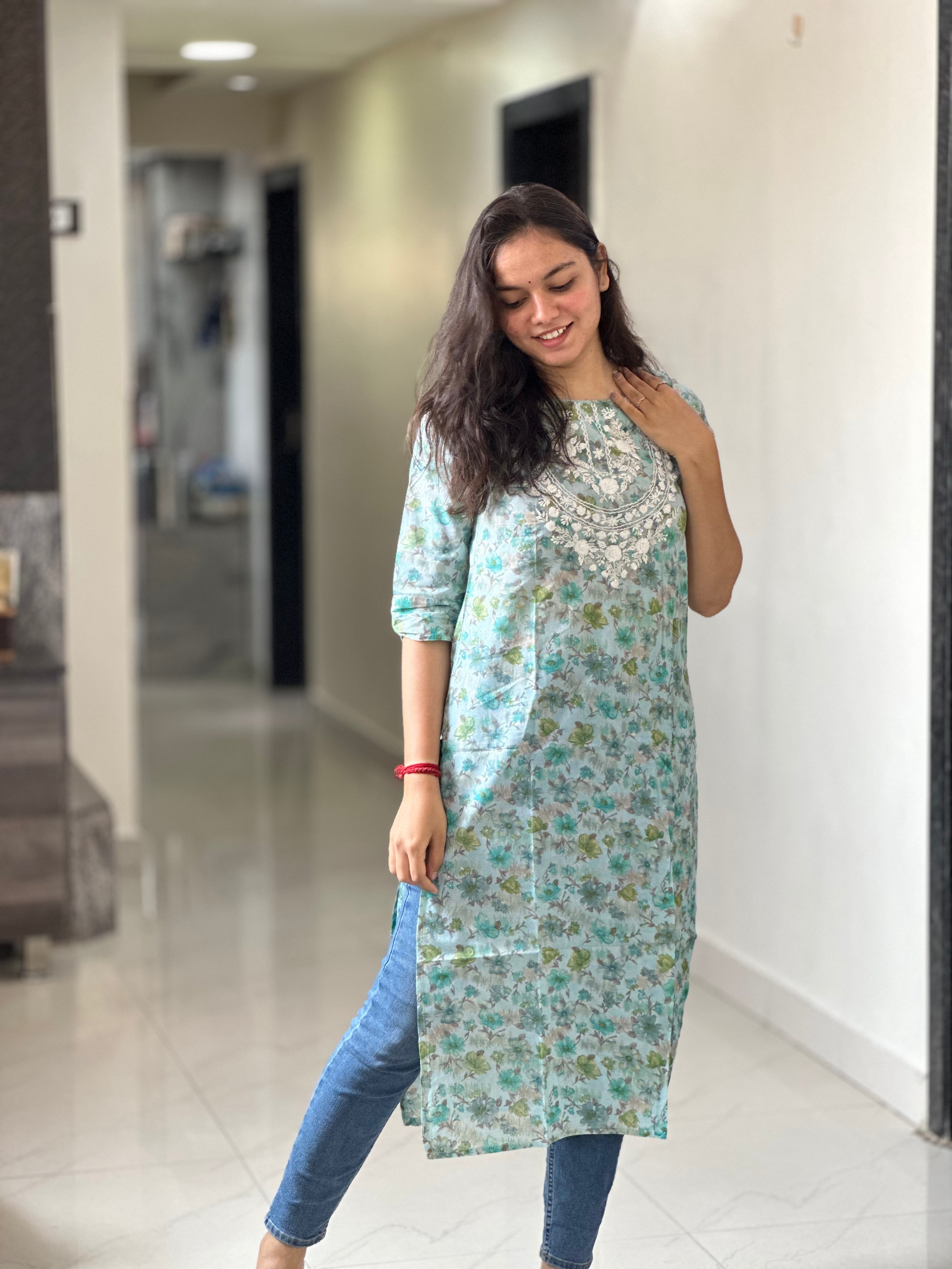 Aqua Bloom Chikankari Cotton Kurta