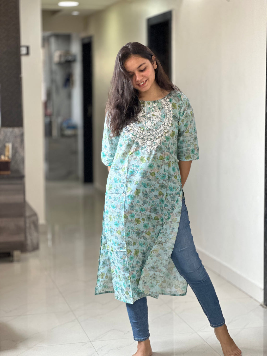 Aqua Bloom Chikankari Cotton Kurta