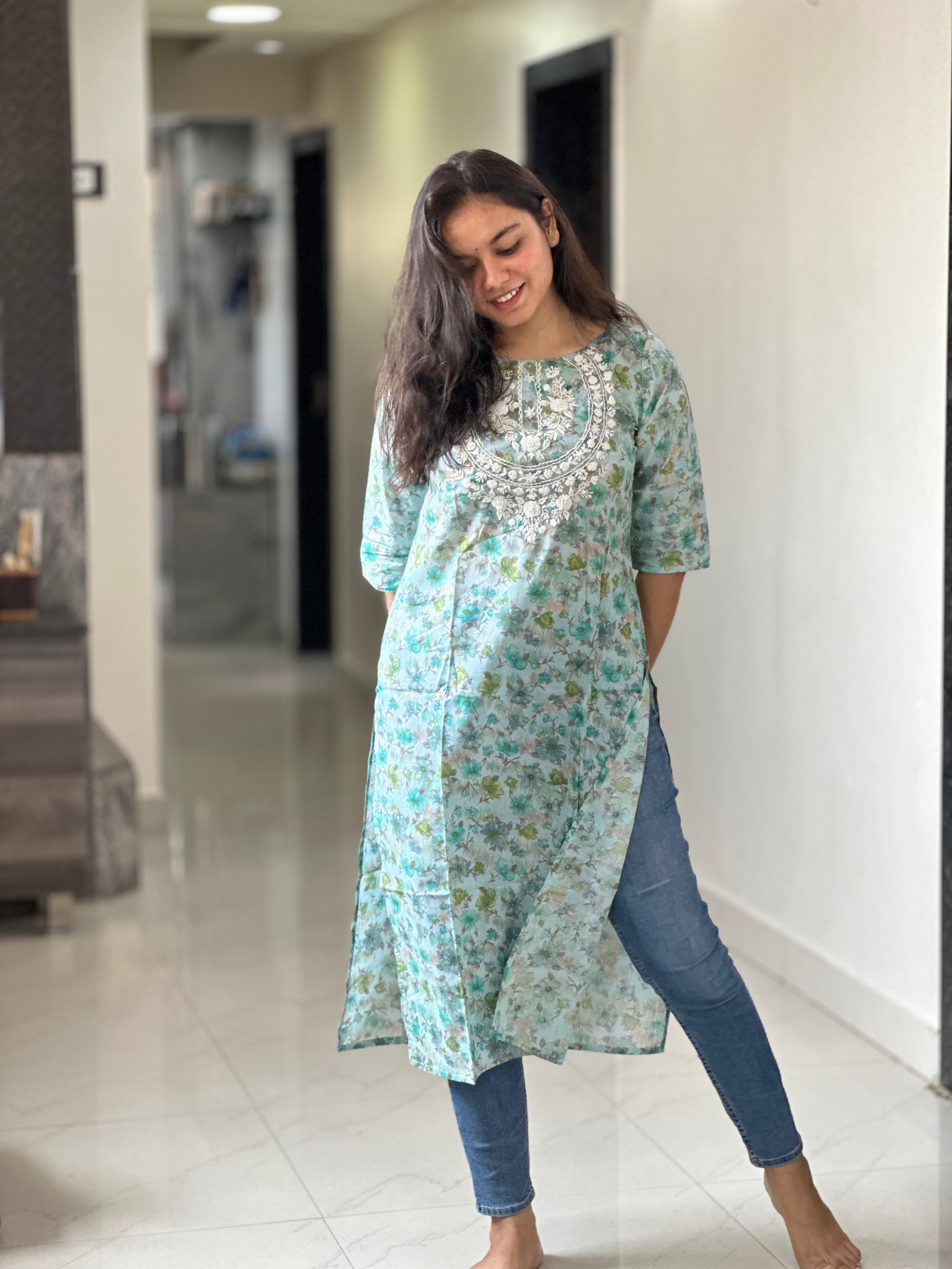 Aqua Bloom Chikankari Cotton Kurta