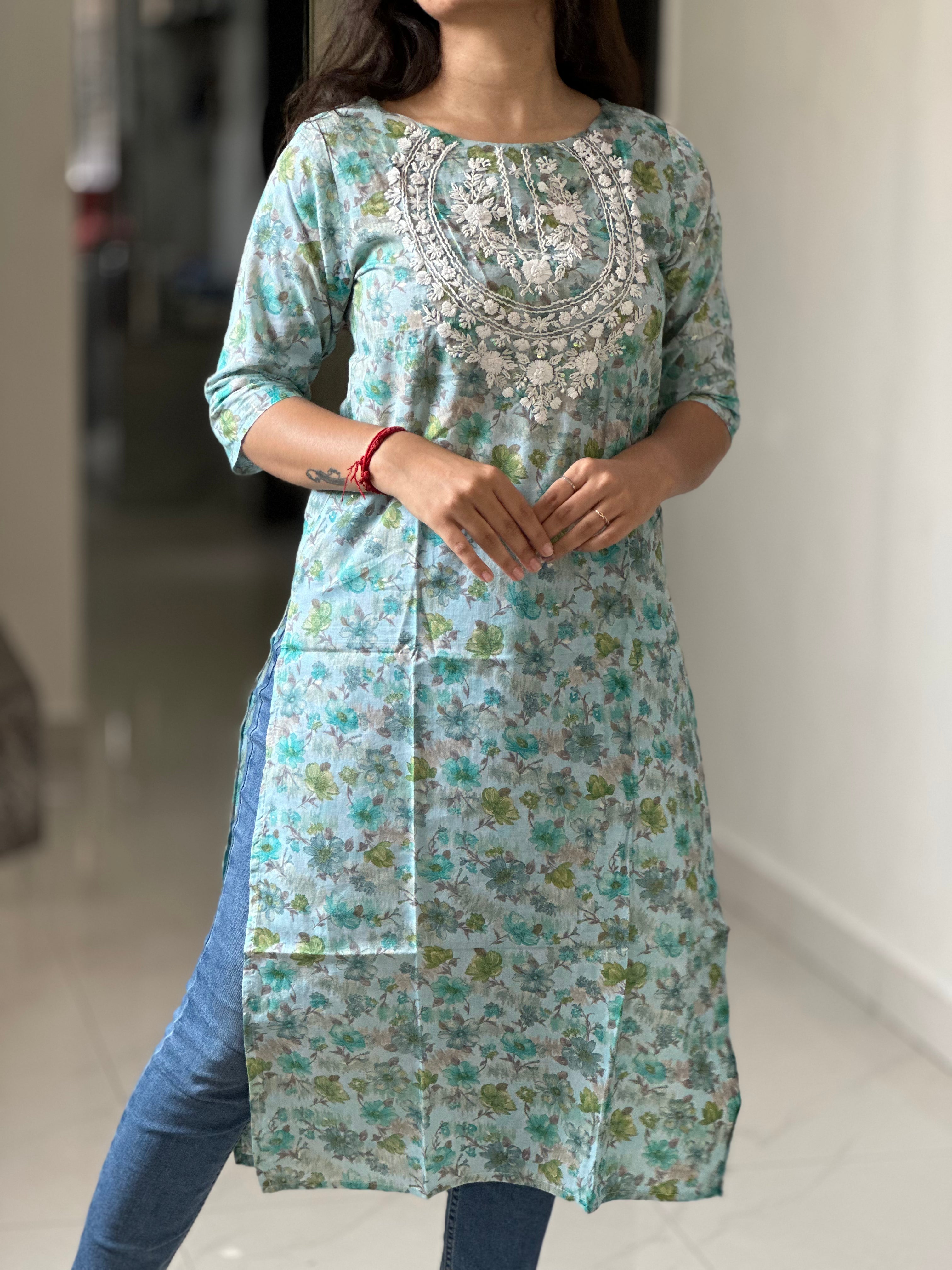 Aqua Bloom Chikankari Cotton Kurta