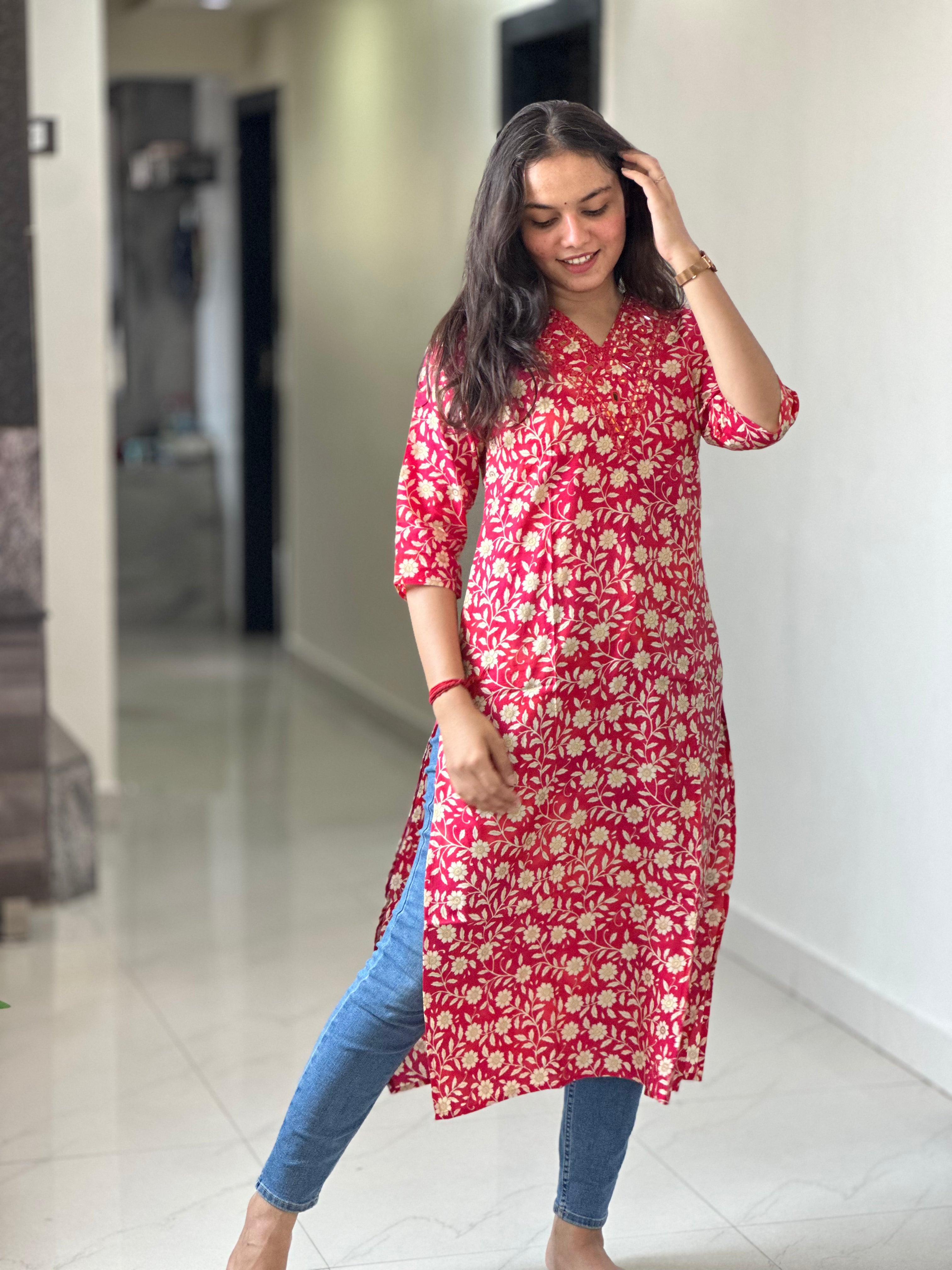 Crimson Meadow Hand-Embroidered Kurta