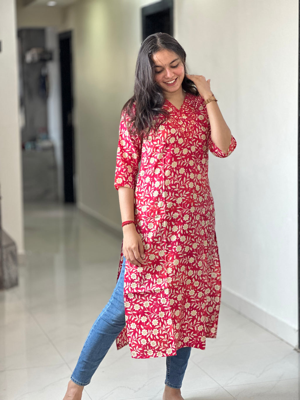 Crimson Meadow Hand-Embroidered Kurta