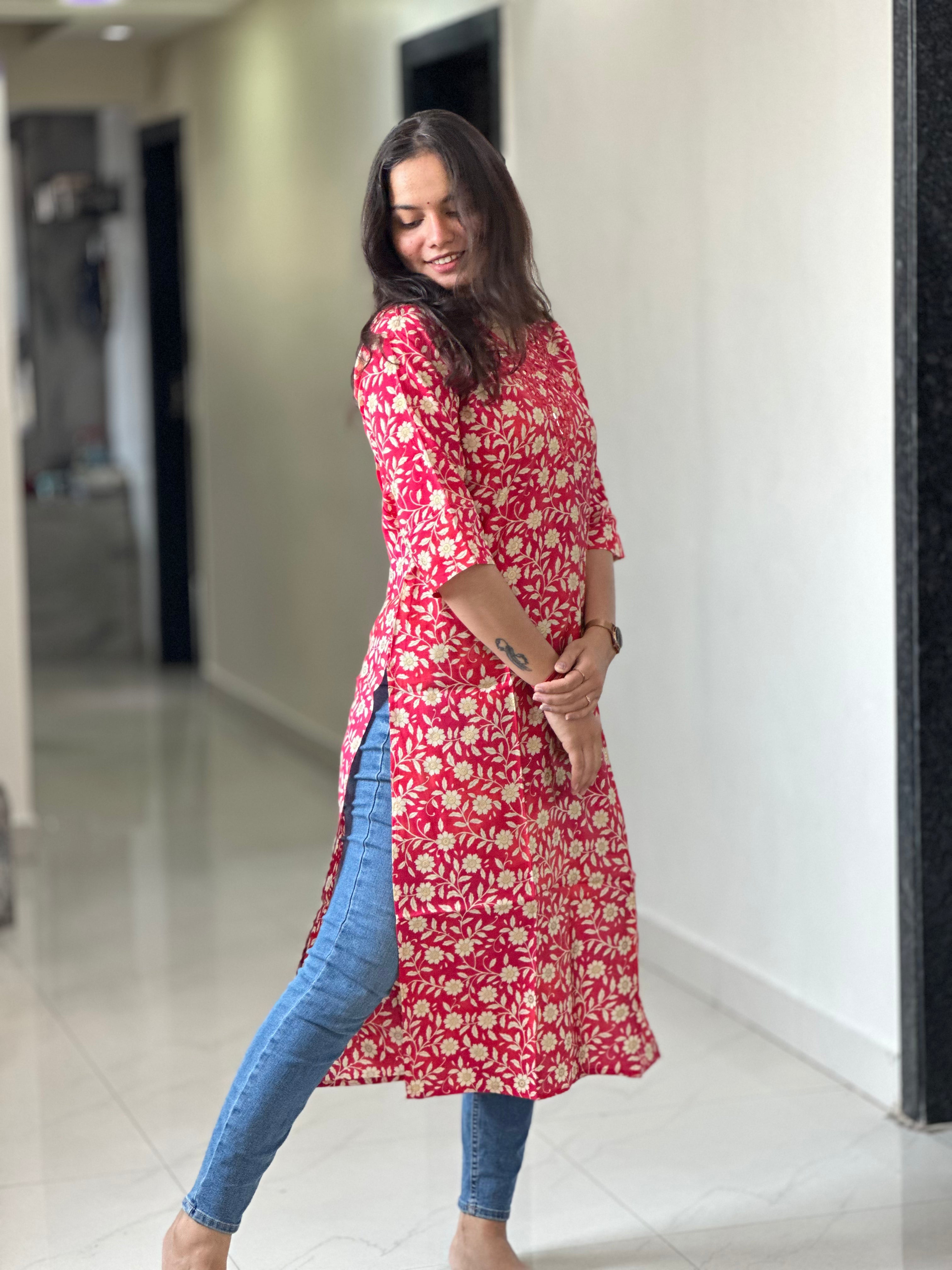 Crimson Meadow Hand-Embroidered Kurta