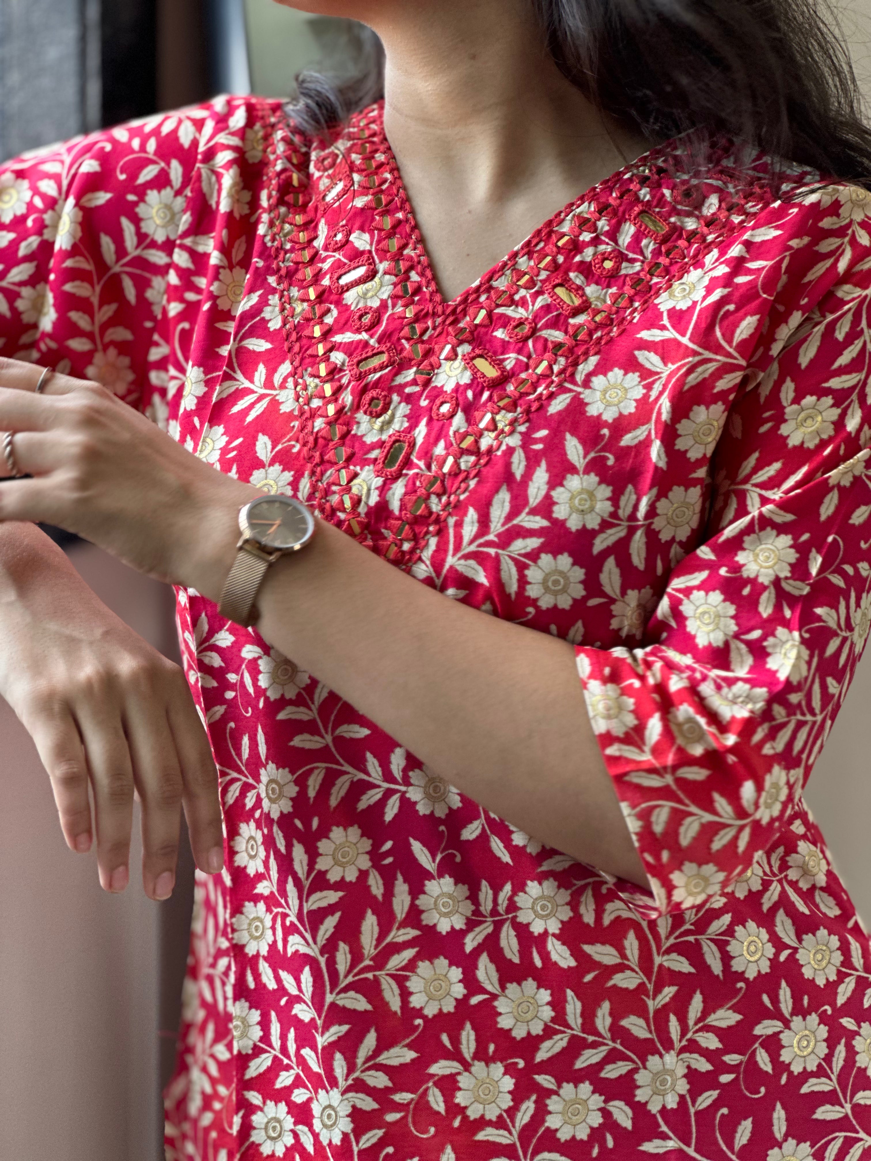 Crimson Meadow Hand-Embroidered Kurta