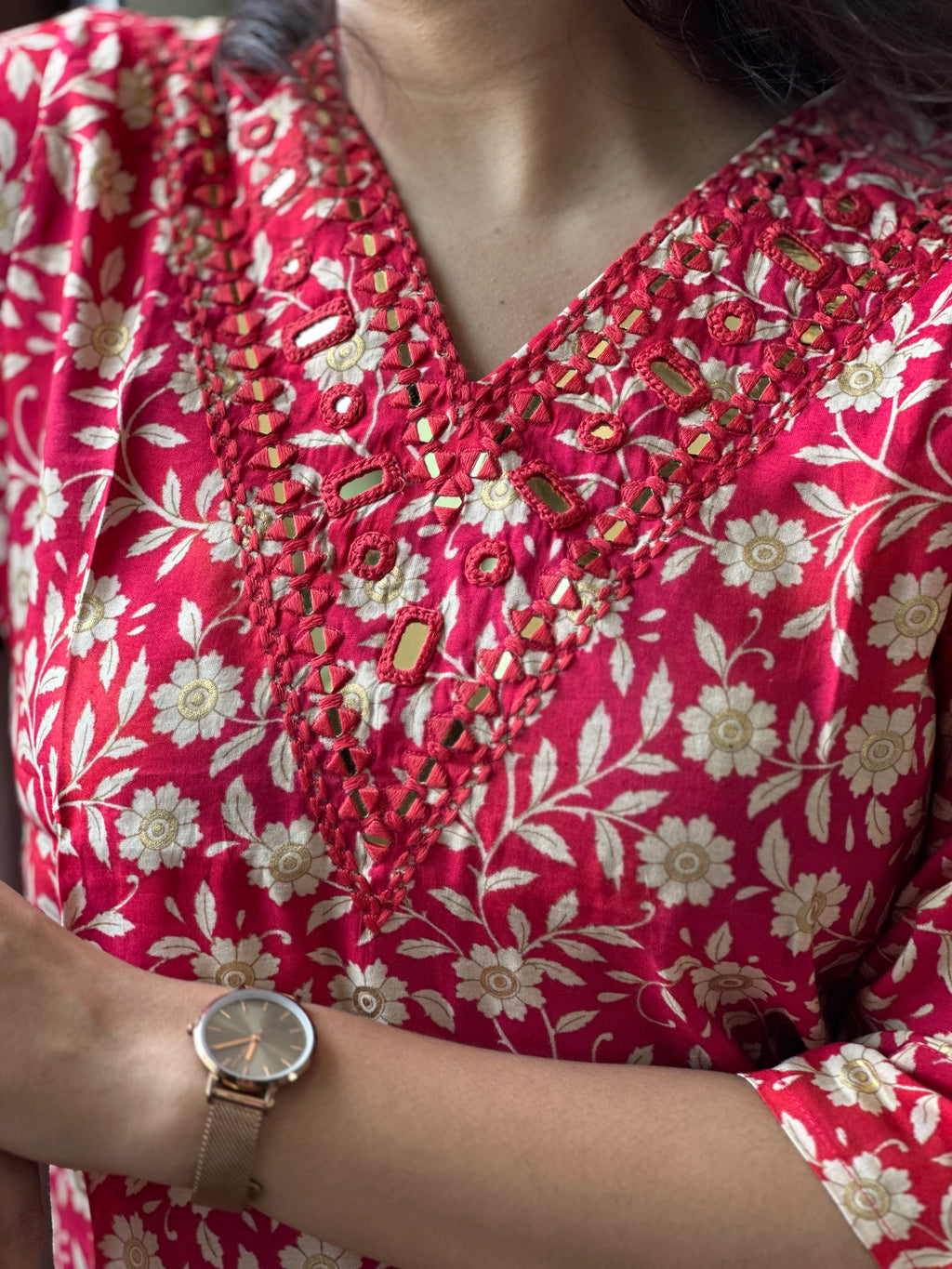 Crimson Meadow Hand-Embroidered Kurta