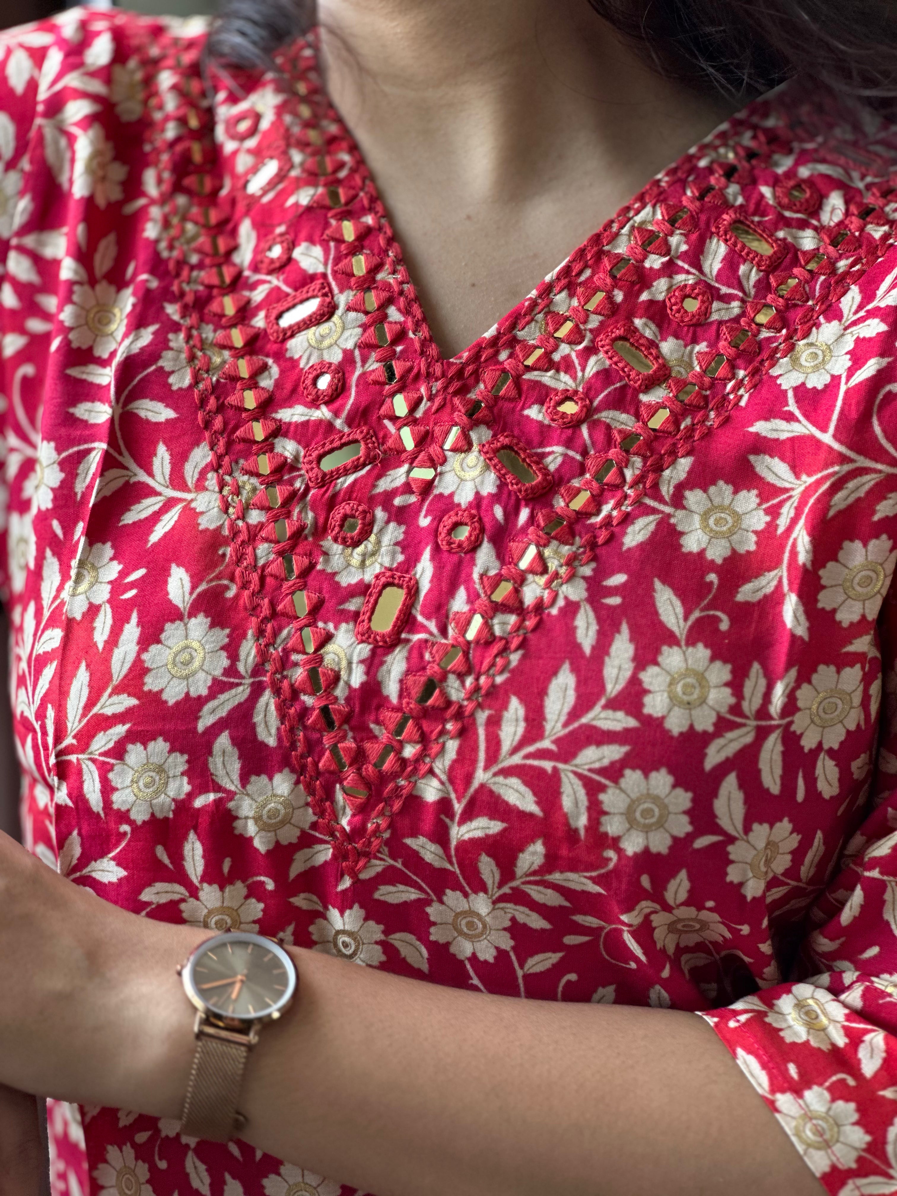 Crimson Meadow Hand-Embroidered Kurta