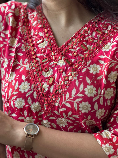 Crimson Meadow Hand-Embroidered Kurta