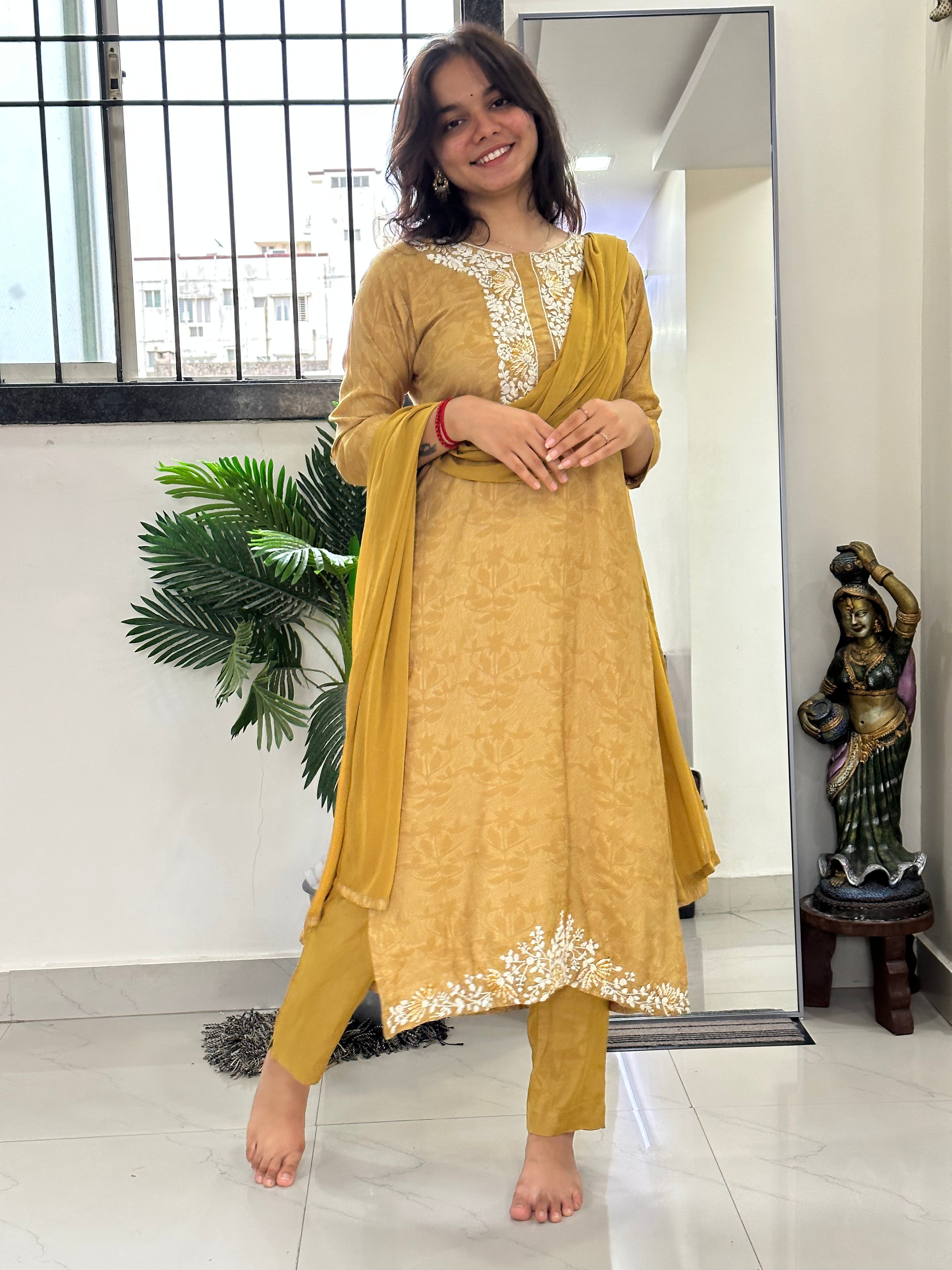 Golden Amber Mirror Work Suit Set