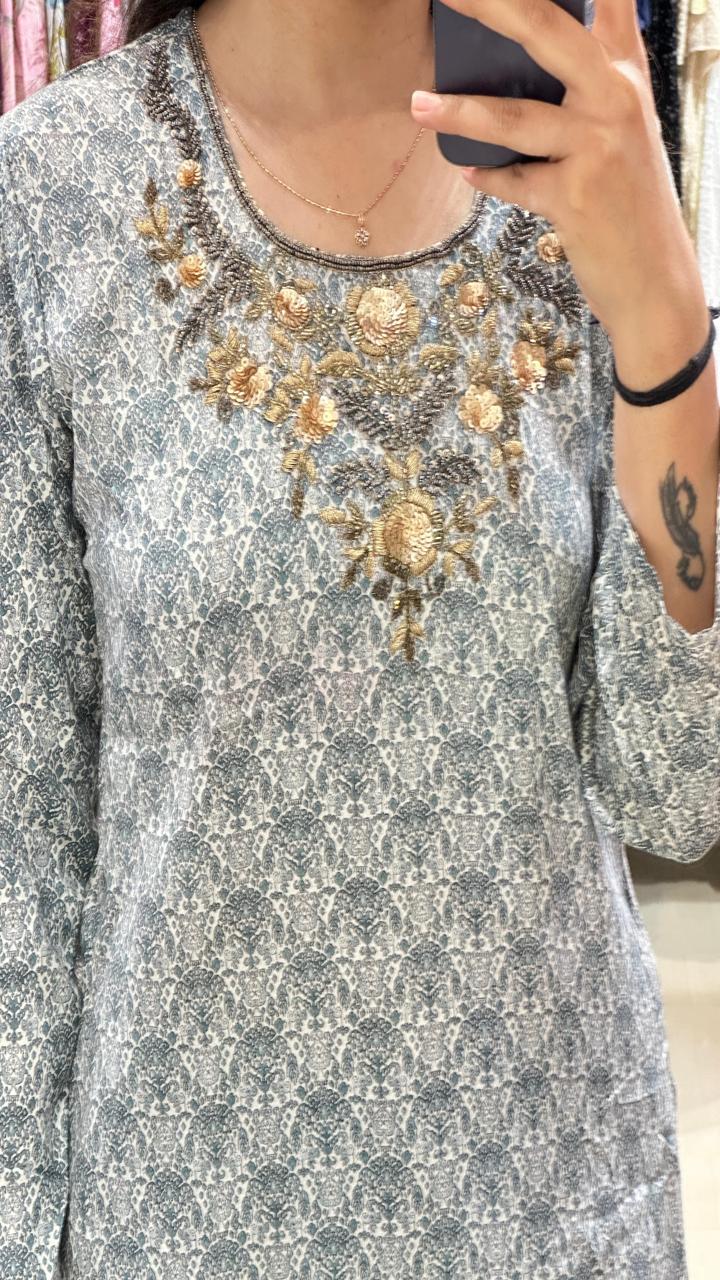 Slate Grey Embroidered Neck Kurti